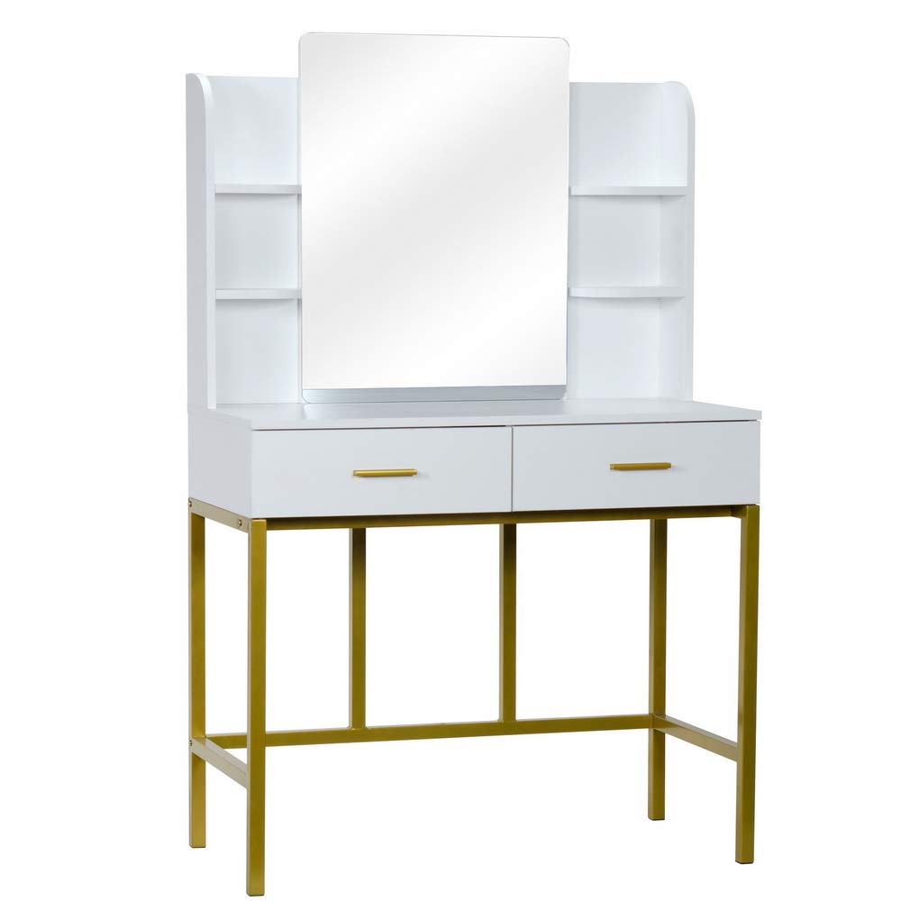 GBB White Steel Frame Vanity Table with Desktop Mirror, 2 Drawers & Stool - Elegant Dressing Table for Bedroom, Hair Salon & Makeup Studio | Perfect for Home Decor, Professional Styling & Beauty Studios