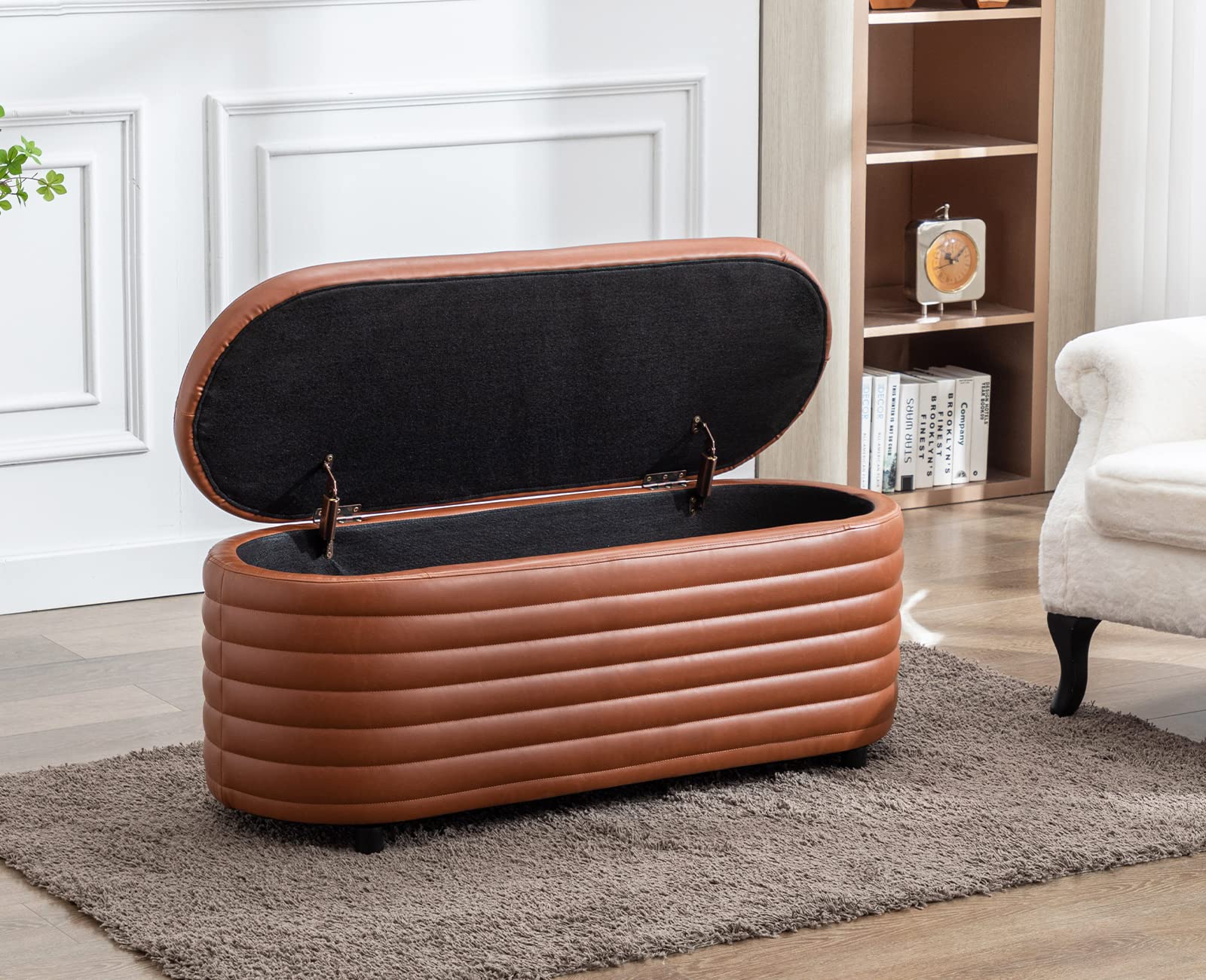 Kmax Storage Bench - PU Leather Upholstered Ottoman Entryway Bench with Storage for Bedroom, Living Room & Hallway - Brown - Perfect for Small Space Organization & Extra Seating
