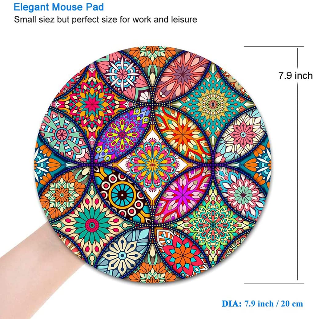 BOSOBO Round Mandala Mouse Pad - Non-Slip Rubber Base, Stitched Edge, Waterproof Office Mouse Mat for Women (7.9 x 7.9 Inch) - Perfect for Home, Office & Gaming Desks