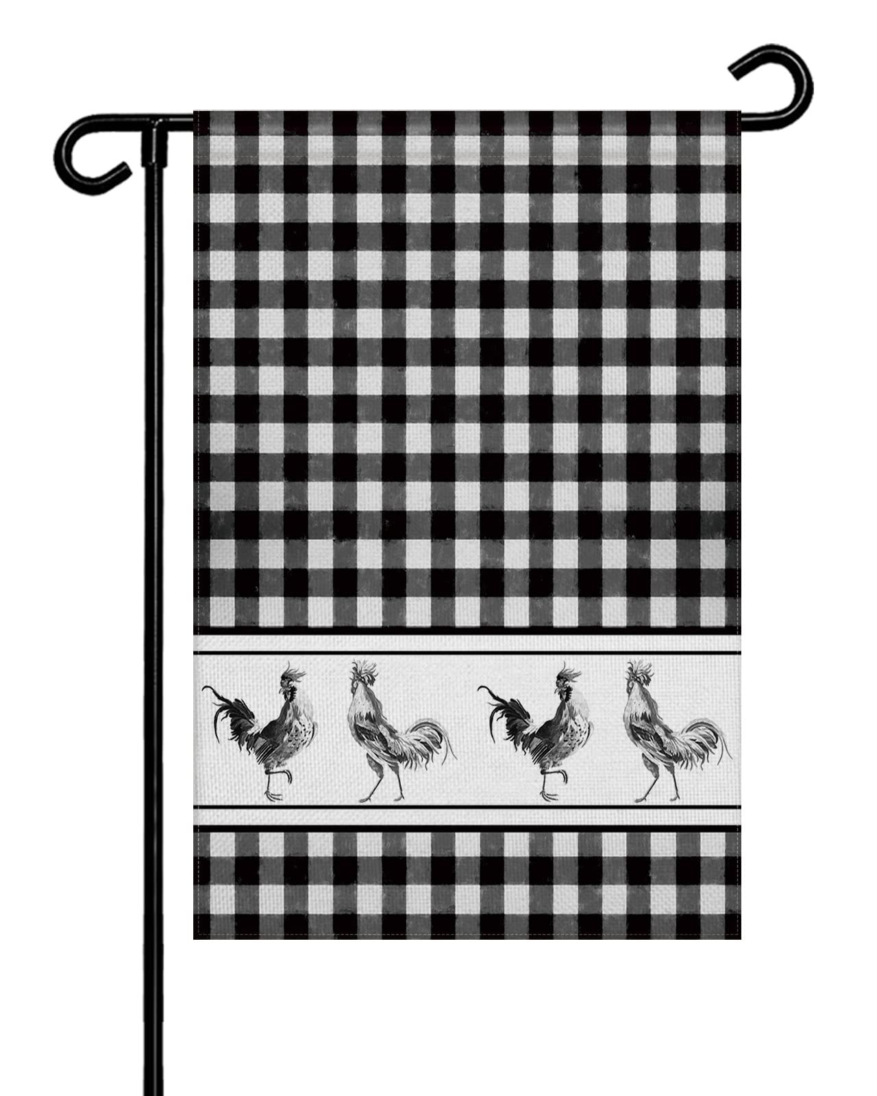 Seven Roses Farmhouse Rooster Double Sided Burlap Garden Flag - Rustic Black White Plaid Welcome Banner - 12x18 Inch Seasonal Vertical Yard Decoration for Patio, Lawn, Porch & Outdoor Spaces