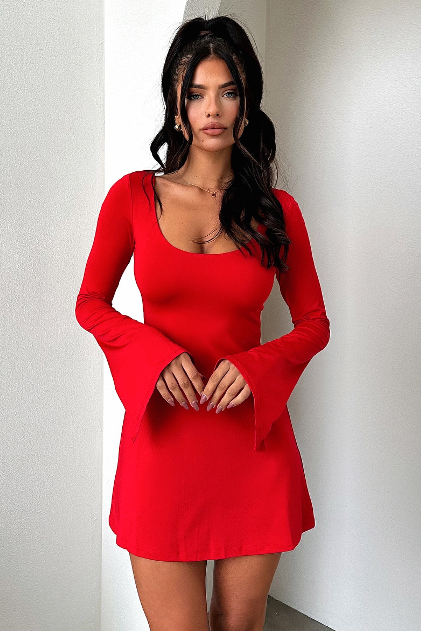 Marcia Long Sleeve Dress - Women's Elegant Red Party Dress for Evening Events, Date Nights & Special Occasions