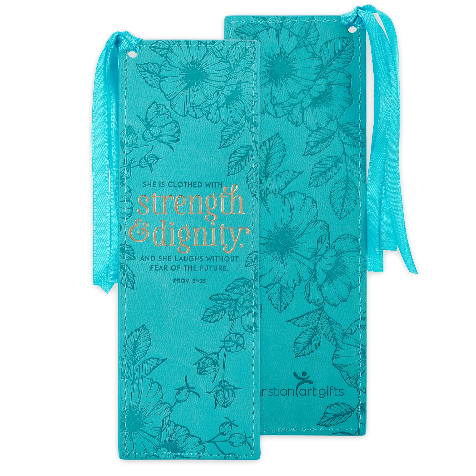 Christian Art Gifts Vegan Faux Leather Scripture Bookmark for Women - Proverbs 31:25 Inspirational Bible Verse (Strength and Dignity) | Heat-Debossed Faith-Based Reading Accessory with Tassel in Teal | Perfect for Bible Study, Church, Prayer Journals & Spiritual Gifts