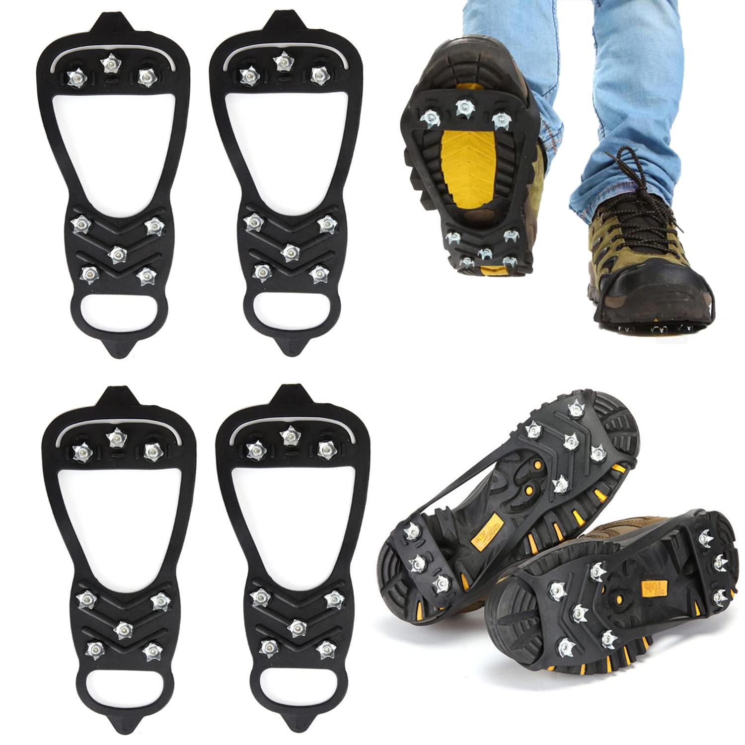 2 Pairs Non-Slip Ice Cleats for Shoes - Universal Traction Spikes with 8 Steel Crampons - Durable Anti-Slip Grippers for Winter Walking, Hiking & Snow Safety