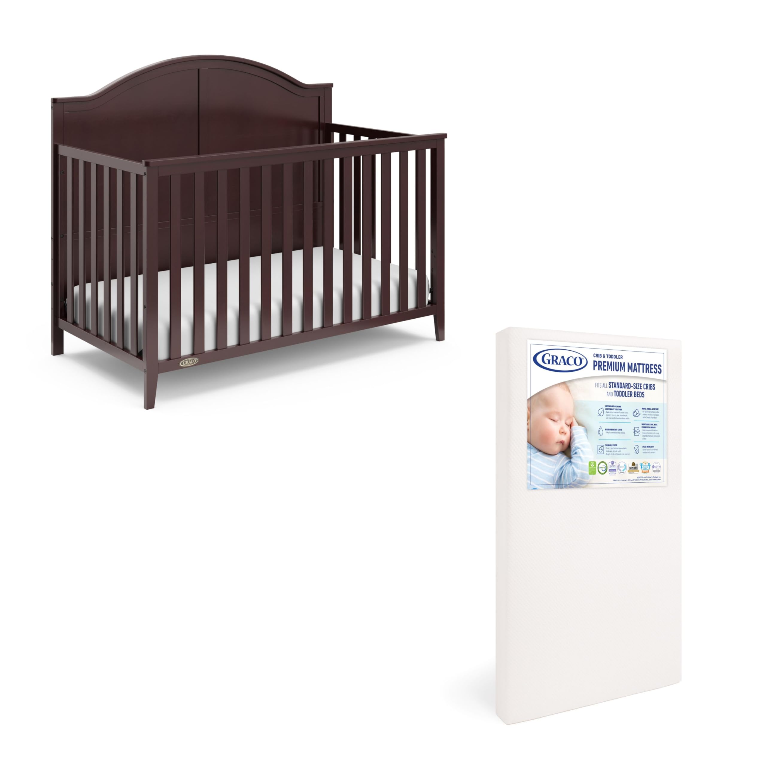 Graco Wilfred Convertible Crib & Mattress Set (Espresso) – GREENGUARD Gold Certified Baby Crib with Included Mattress | Safe Nursery Furniture for Newborns & Toddlers | Perfect for Modern Nurseries & Daycare Centers