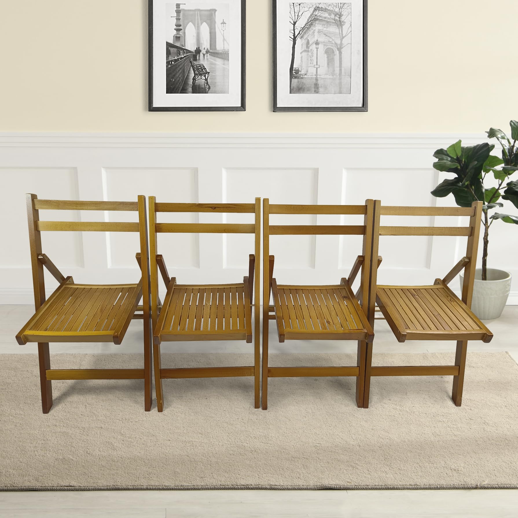 4 Pack Solid Wood Folding Chairs - Teak Wood Foldable Dining Chairs with Slatted Seat & Open Back Design | Portable Indoor Outdoor Event Seating for Weddings, Parties, Kitchen, Dining Room, Balcony & Garden Use