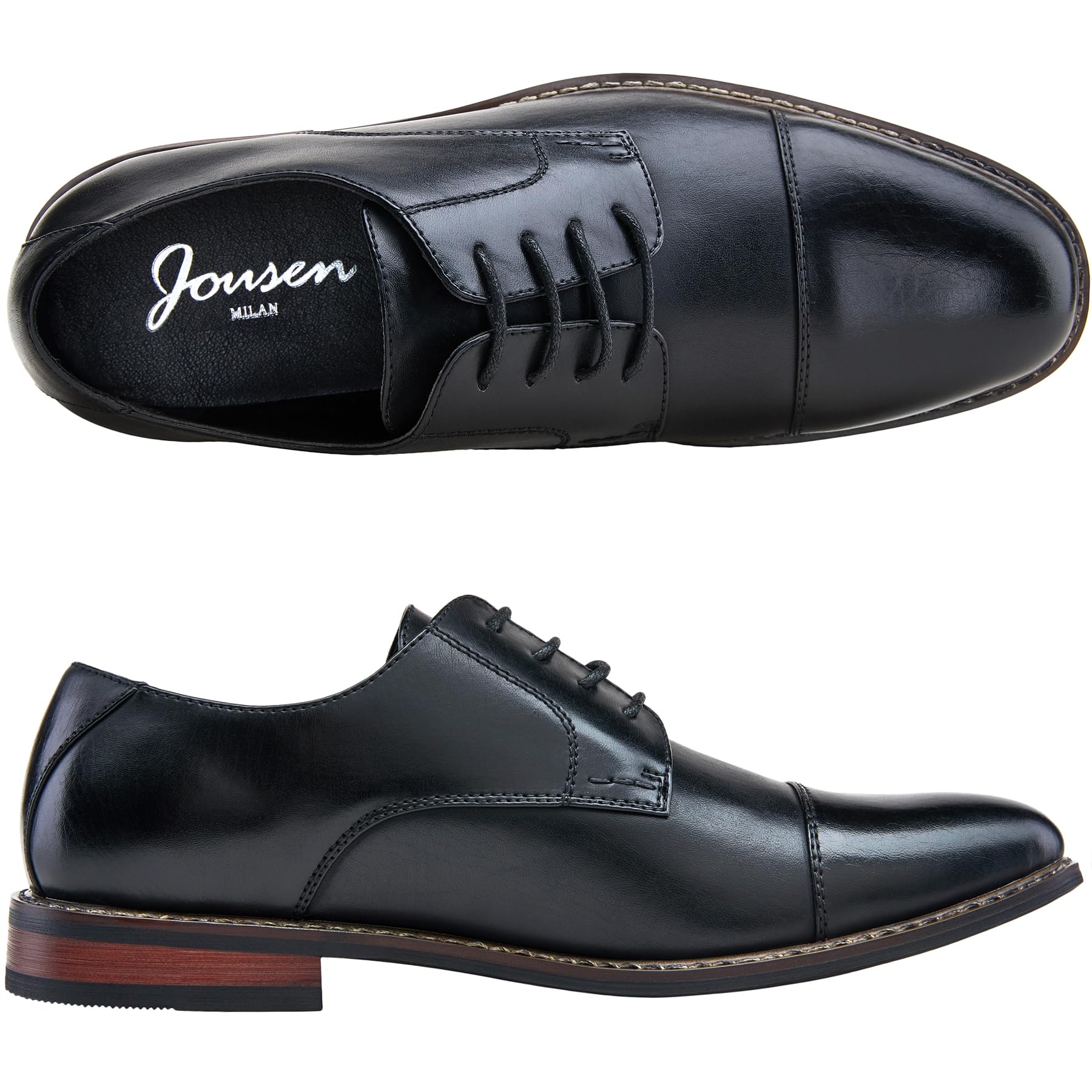 Jousen Men's Dress Cap Toe Wingtip Brogue Oxford Formal Business Derby Shoes - Premium Leather Dress Shoes for Office, Wedding & Special Occasions