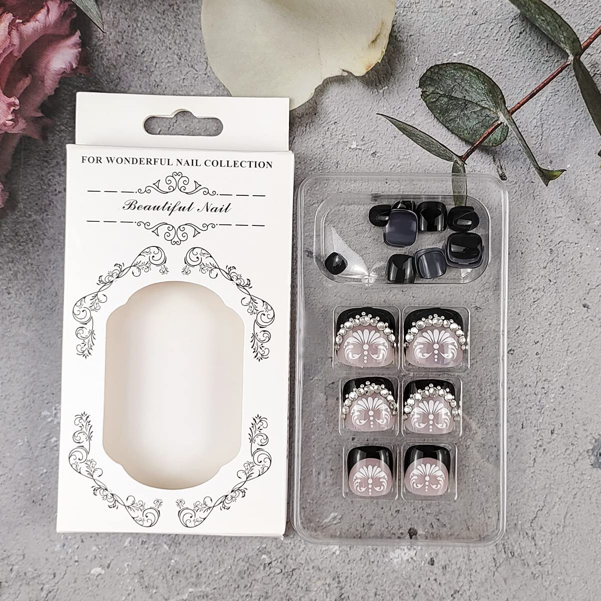 24pcs Black Press on Toenails - Square Fake Nails with French Tips & Floral Rhinestone Designs | Full Cover Acrylic Stick on Toes for Women & Girls | Perfect for Pedicures, Parties, Vacations & Summer Nail Looks