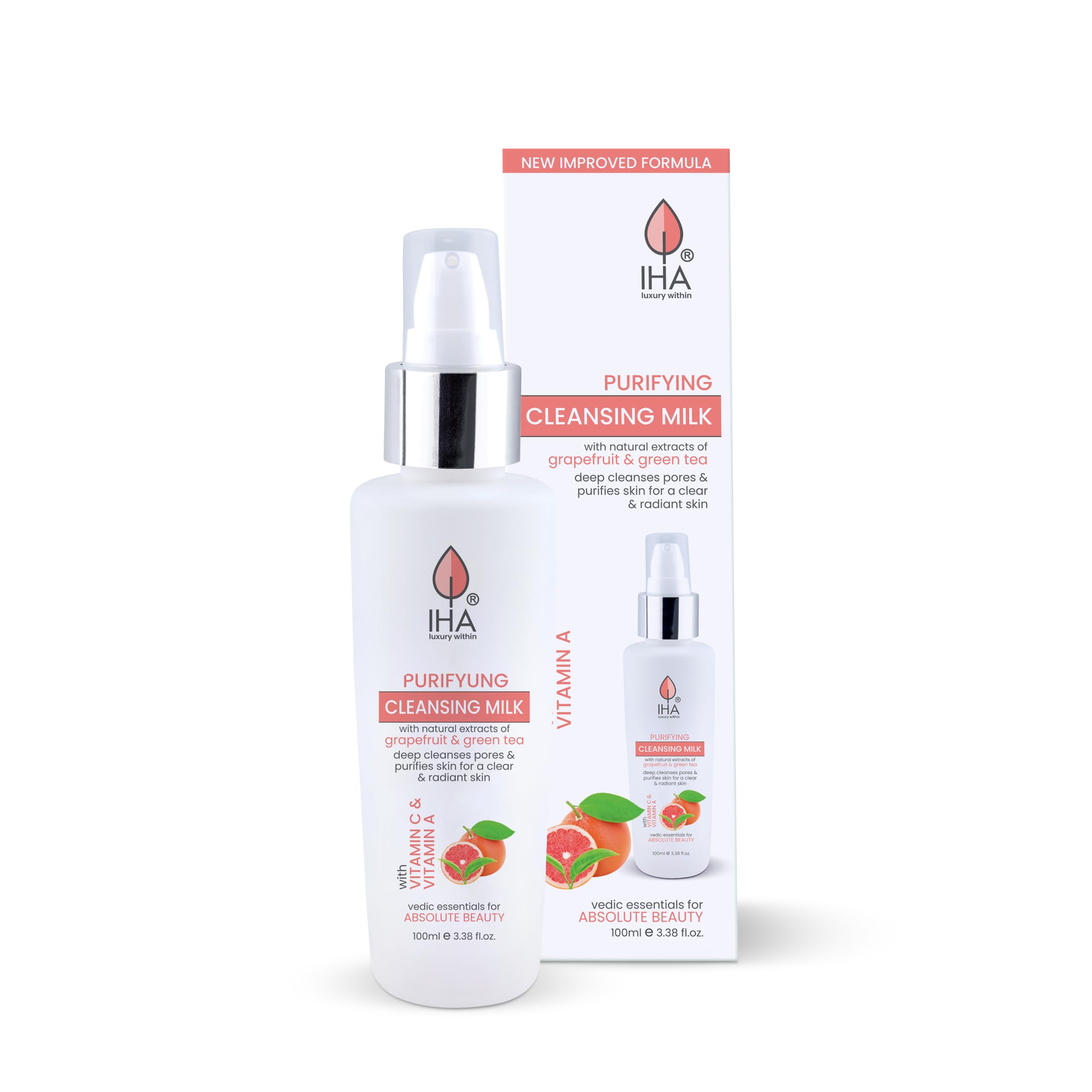 IHA Purifying Herbal Cleansing Milk - Gentle Deep Pore Face Cleanser with Olive, Grape & Green Tea Extract | Hydrating Facial Wash for Dry, Oily & Sensitive Skin | 100ml | Daily Skincare & Makeup Removal