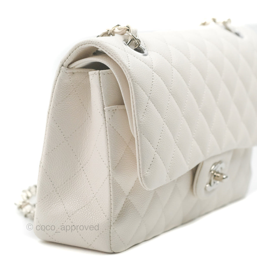 Chanel Classic Medium Double Flap Bag in White Caviar Leather with Silver Hardware - Luxury Handbag for Women, Perfect for Work, Parties & Everyday Use