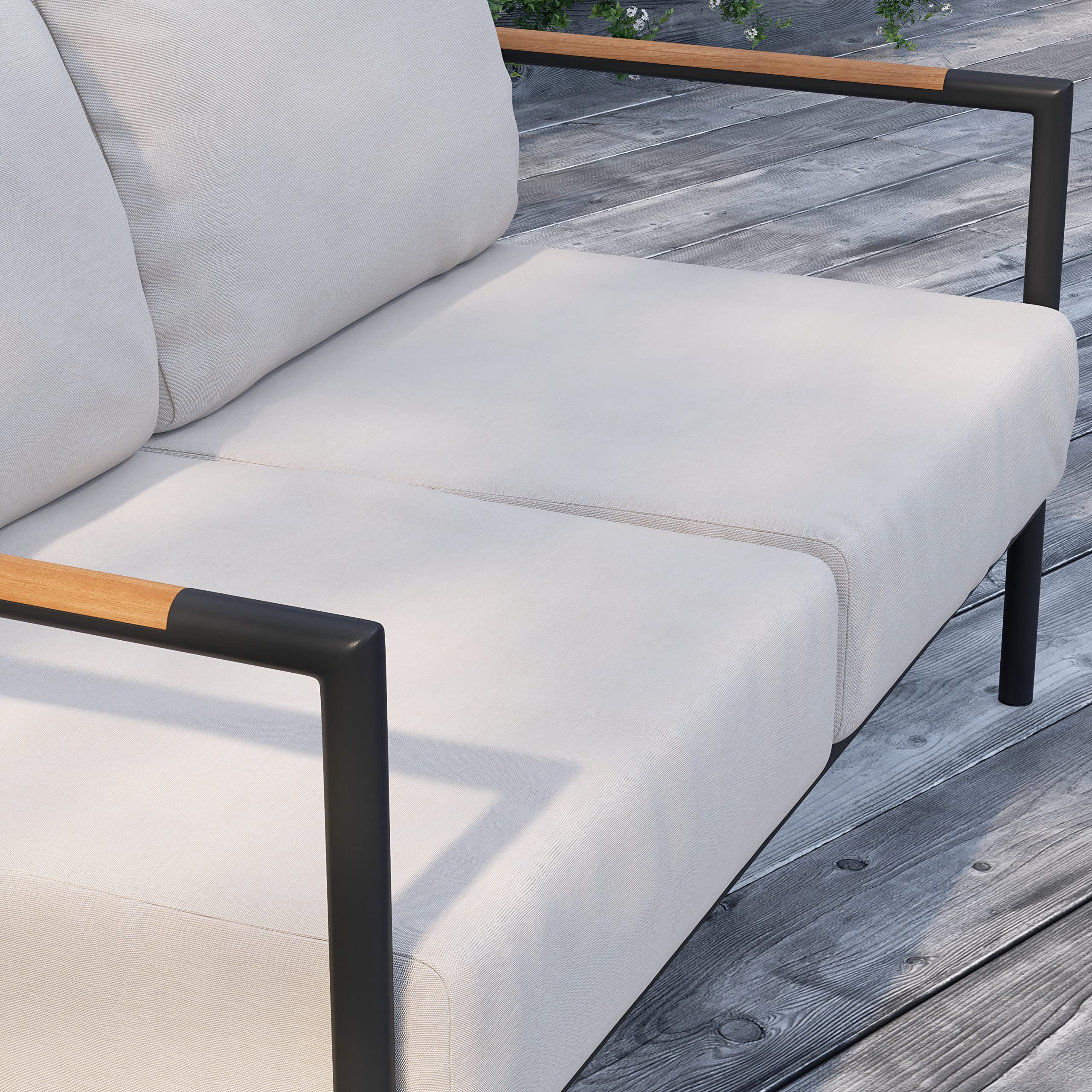 Merrick Lane Eastport Outdoor Loveseat with Removable Beige Fabric Cushions & Black Teak Accented Aluminum Frame - Perfect for Patio, Garden, Poolside or Deck Relaxation