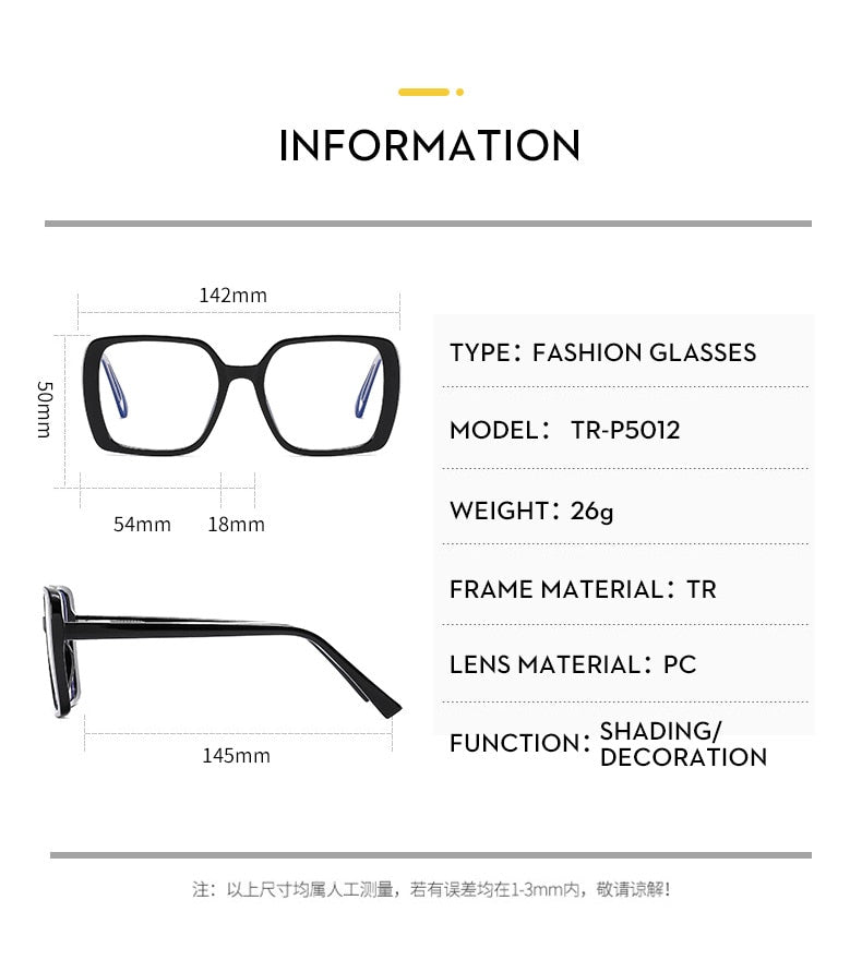 CCspace Women's Full Rim Oversized Square TR90 Titanium Eyeglasses Frame 54640 - Lightweight & Durable Glasses for Work, Reading & Fashion