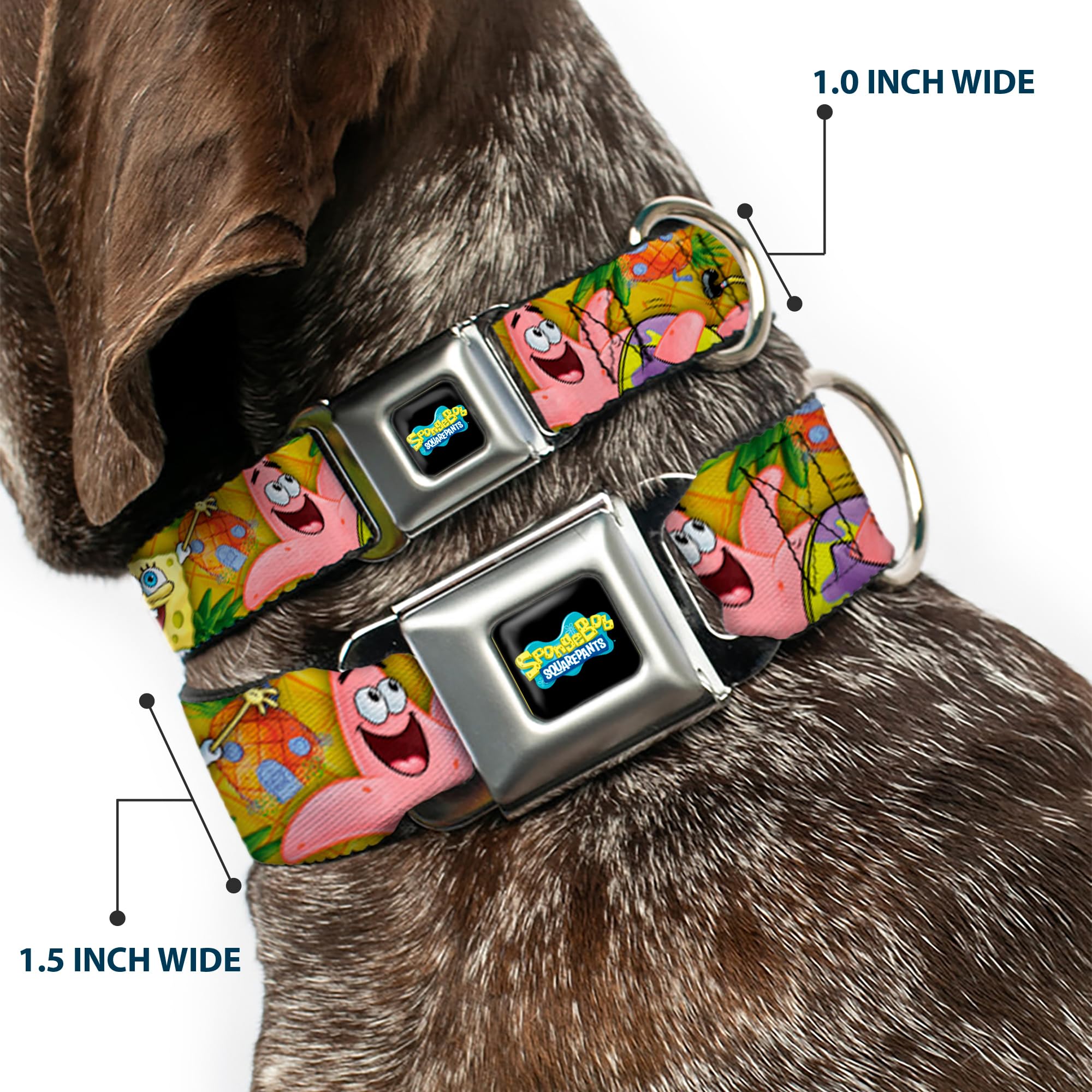 SpongeBob & Patrick Starfish Dog Collar with Seatbelt Buckle - 16 to 23 Inches Adjustable, 1.5 Inch Wide - Fun Cartoon Pet Accessory for Walks, Travel & Costume Parties