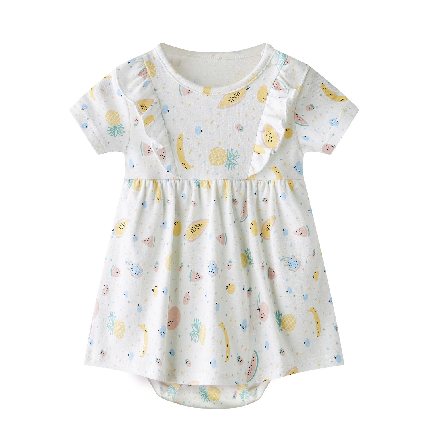 Baby Girls' Short Sleeve Ruffled Bodysuit Dress - White with Fruit Print | Cute Outfit for Playdates, Parties & Photo Shoots