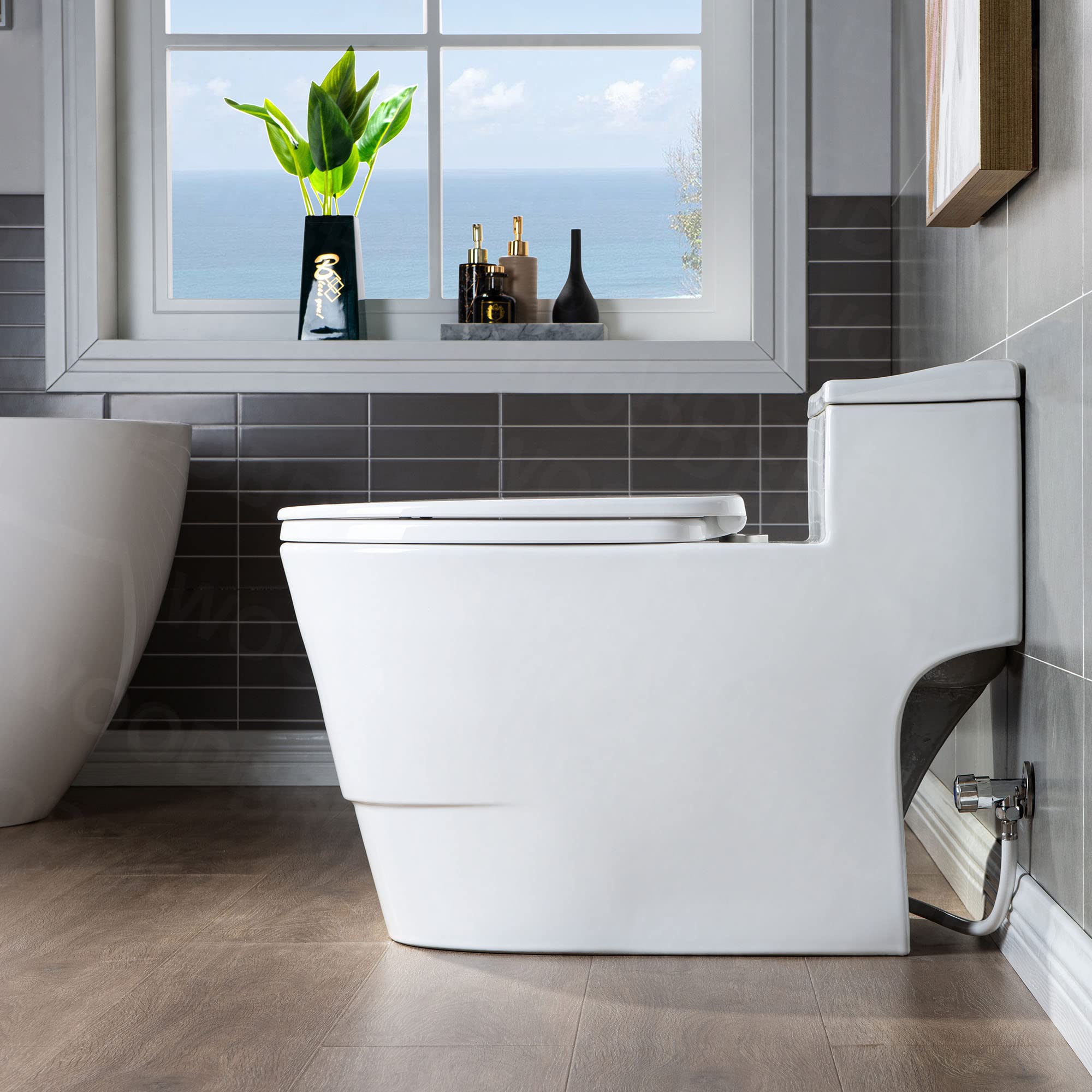 WOODBRIDGE T-0018/B-0735 Dual Flush Elongated One Piece Toilet with Soft Closing Seat, Comfort Height, White - Modern Bathroom Design for Home & Commercial Use