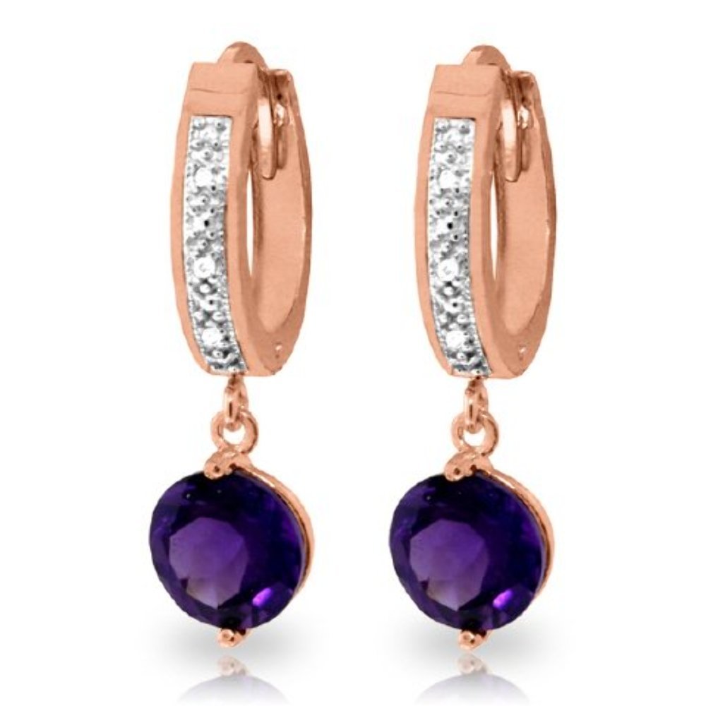 14K Rose Gold Hoop Earrings with Genuine Diamonds & Natural Amethyst - Elegant Dangle Earrings for Women, Perfect for Weddings, Parties & Special Occasions