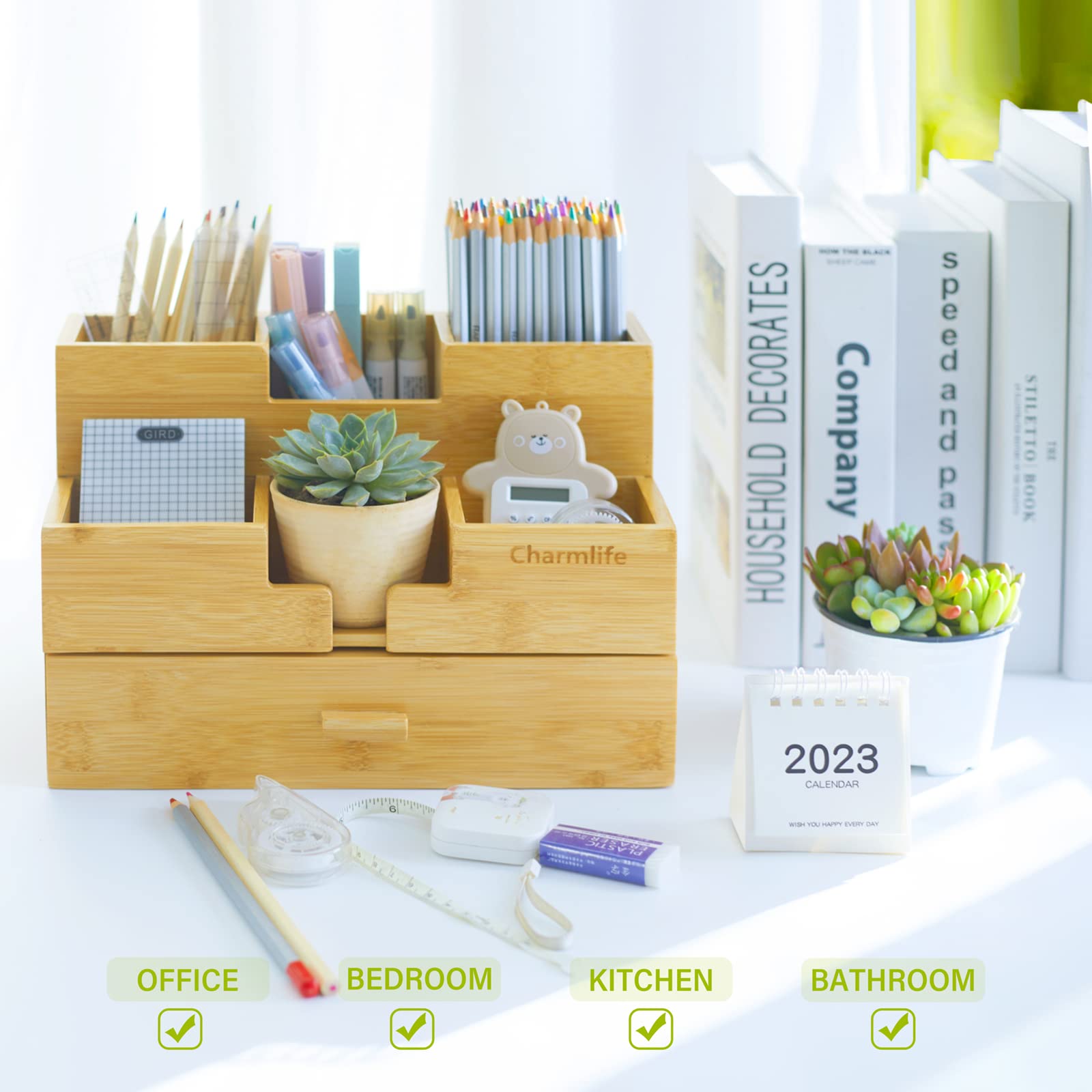 Bamboo Desk Organizer with Drawers - Makeup Storage, Pen & Pencil Holder, Marker Organizer for Office & Home Workspace - Perfect for Desk Organization, School Supplies & Beauty Accessories Storage