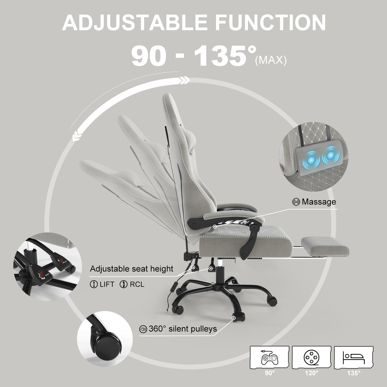 Devoko Ergonomic Gaming Chair with Lumbar Support & Footrest - 360° Swivel, Massage Function, 150kg Weight Capacity - Perfect for PC Gaming, Office Work & Home Use (Grey)