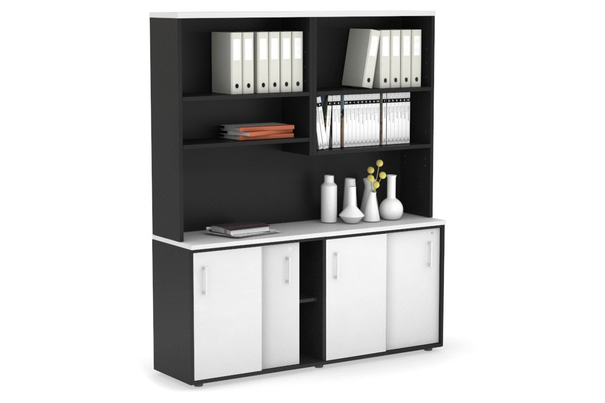 Modern White Sliding Door Credenza with Open Hutch - 1600W x 750H x 450D - Perfect for Home Office, Living Room & Bedroom Storage Organization