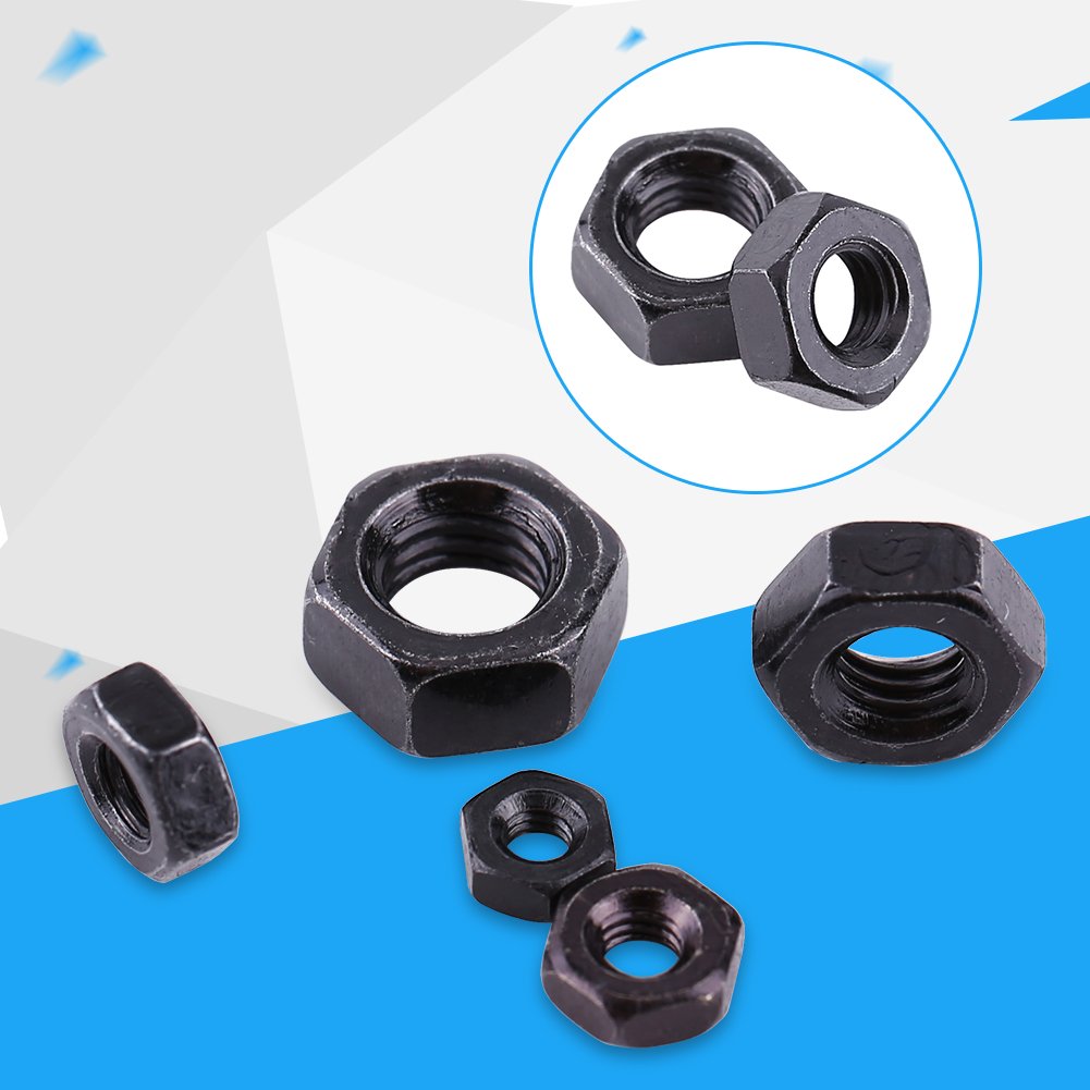 100Pcs Black Zinc Plated Hex Nuts Assortment Kit - M2 to M5 Carbon Steel Metric Thread Fasteners for DIY, Furniture & Automotive Repair (Includes Storage Box)