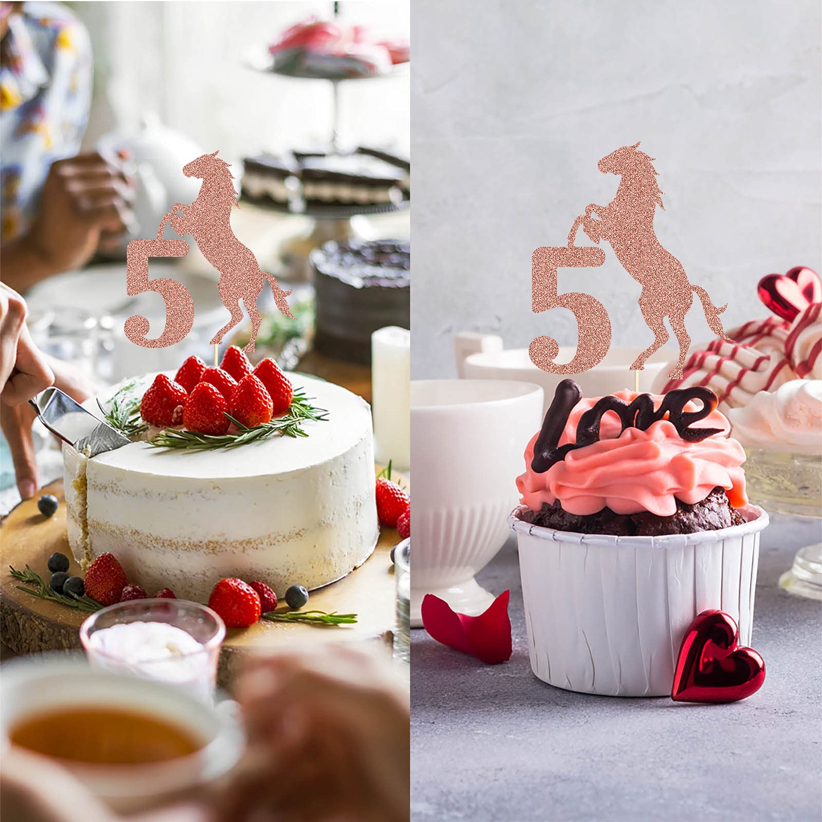 Rose Gold Glitter Horse Cake Topper for 5th Birthday Party Decorations – Perfect for Birthday Cakes, Cupcakes, and Dessert Table Centerpieces