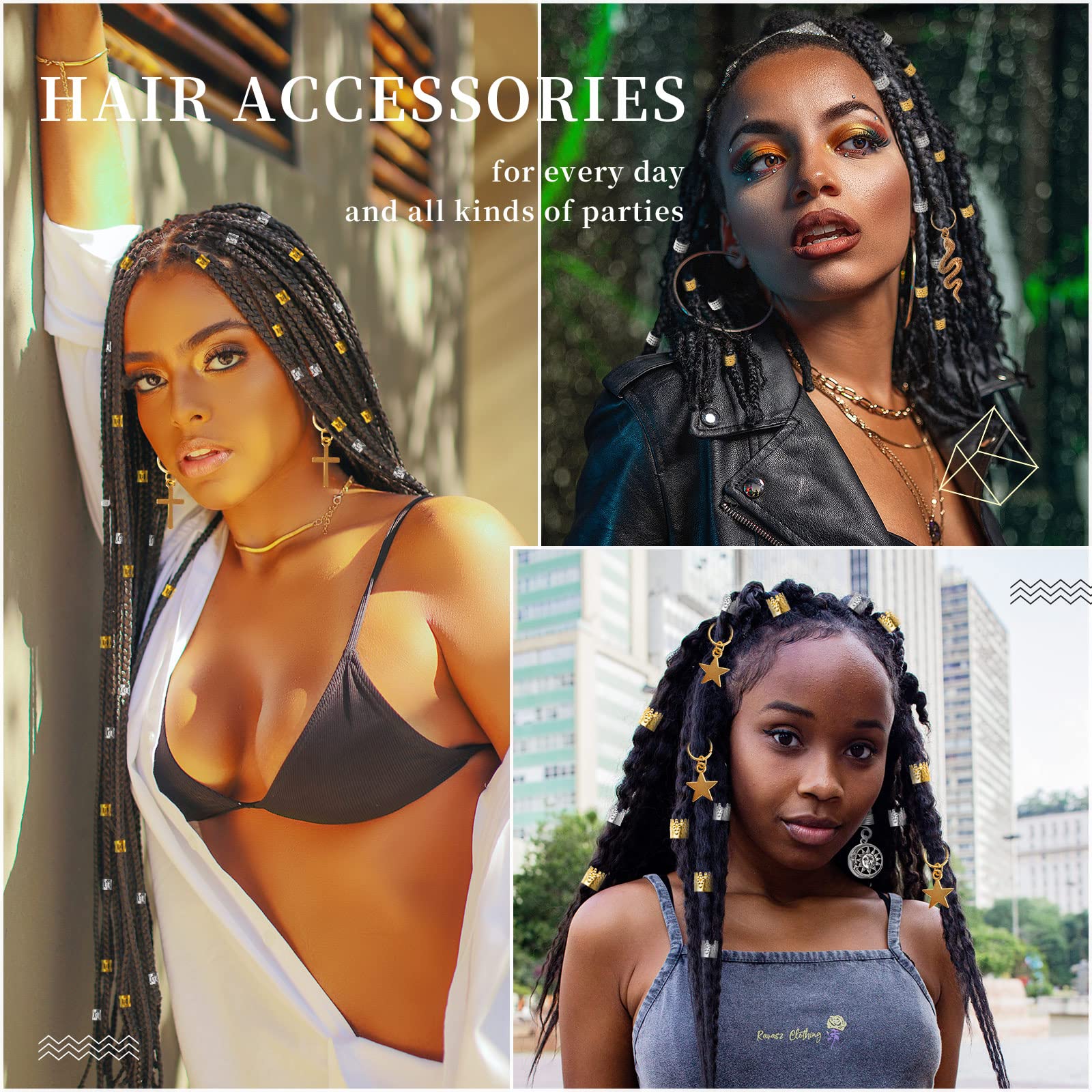 Vaikby 201PCS Hair Jewelry Beads for Braids - Gold & Silver Dreadlock Accessories, Metal Hair Rings & Charms for Women - Perfect for Boho Hairstyles, Festival Looks & Everyday Hair Decor
