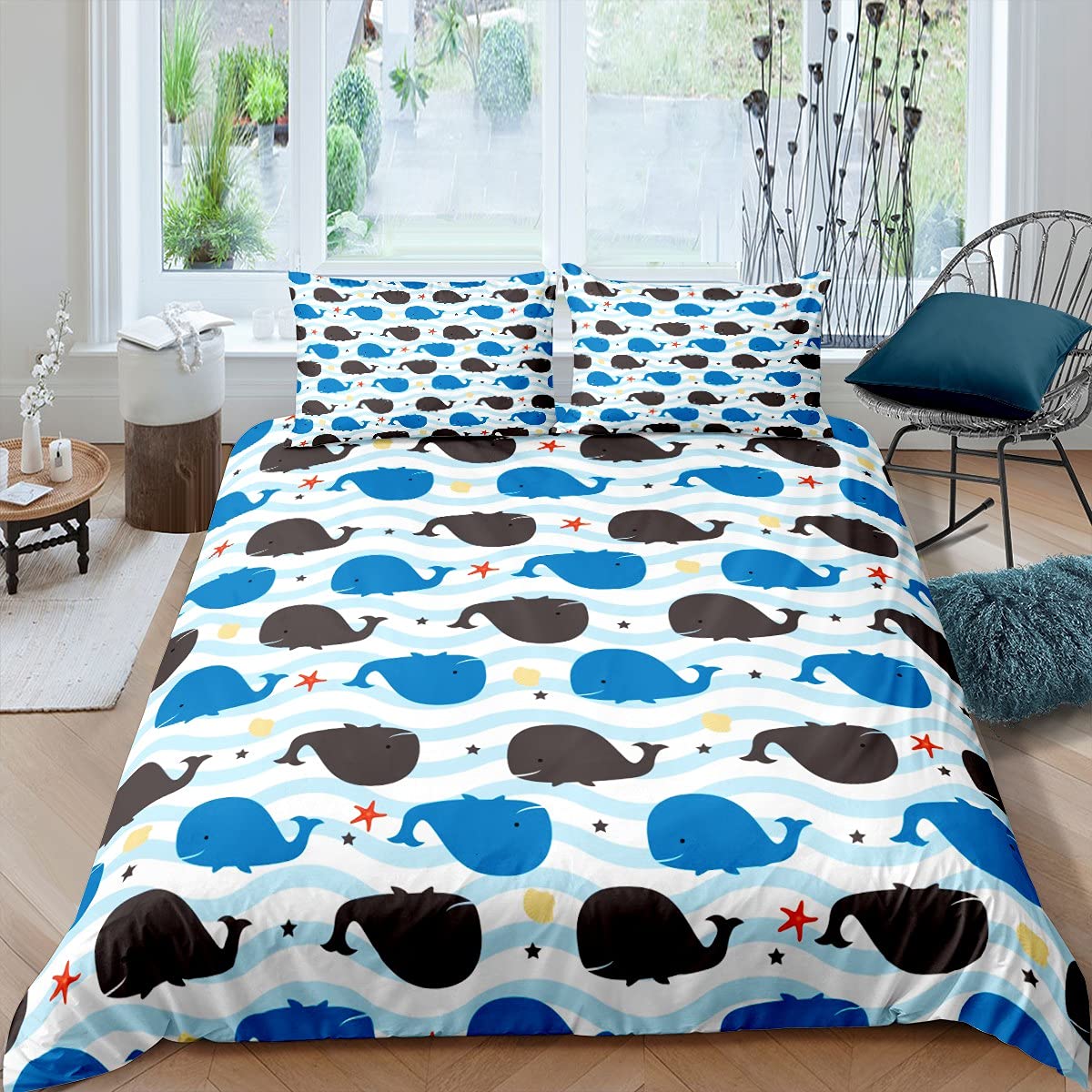 Whale Print Kids Bedding Set Twin - Cute Cartoon Sea Animal Comforter Cover for Boys & Girls, Ocean Theme Bedroom Decor with Zipper Closure | Perfect for Teens' Room, Marine Life Themed Nursery or Beach House Decor