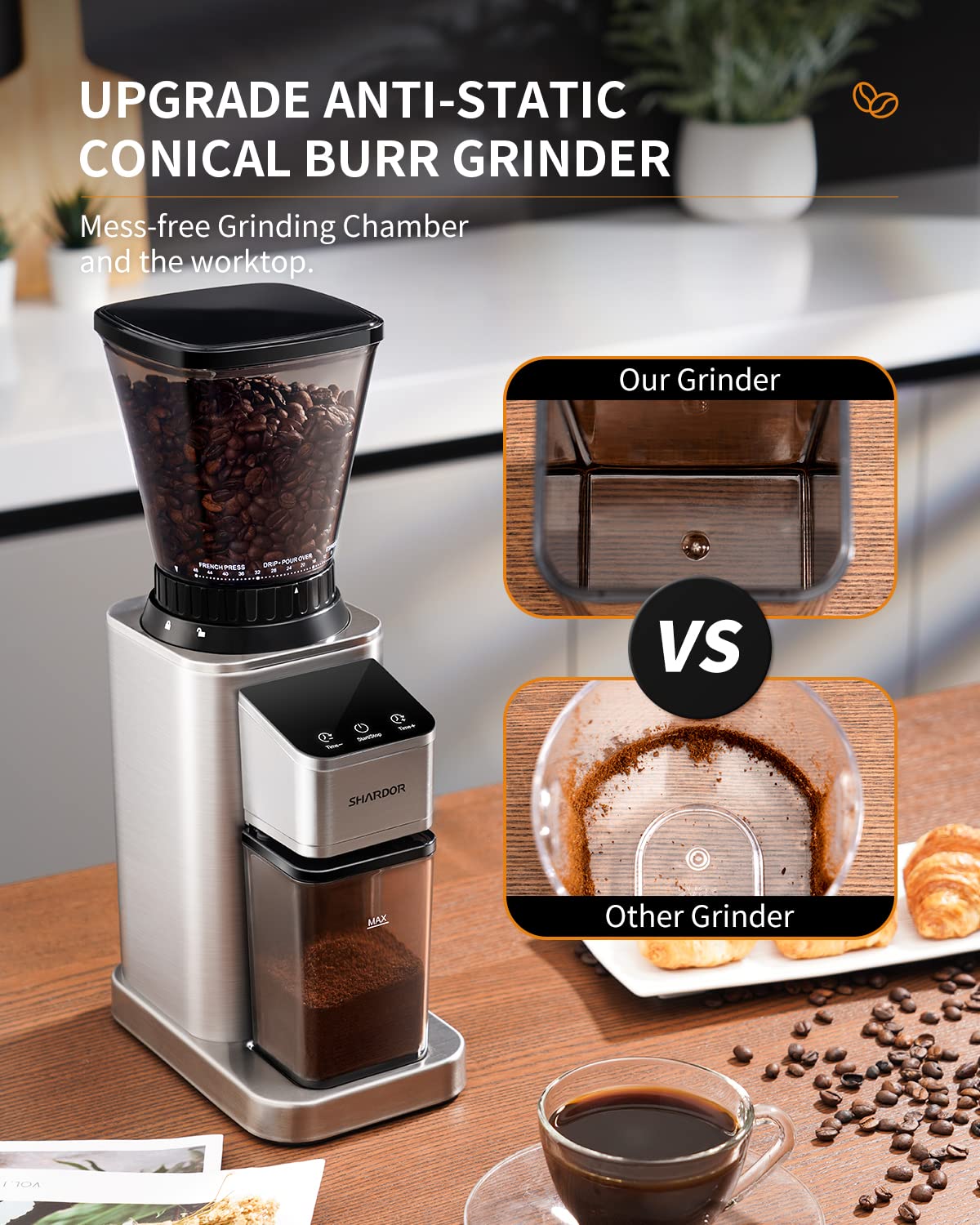 SHARDOR Professional Conical Burr Coffee Grinder - 48 Precise Grind Settings for Espresso, Drip Coffee & French Press | Upgraded Anti-Static Stainless Steel Coffee Bean Grinder with Digital Timer | Perfect for Home Baristas & Coffee Enthusiasts