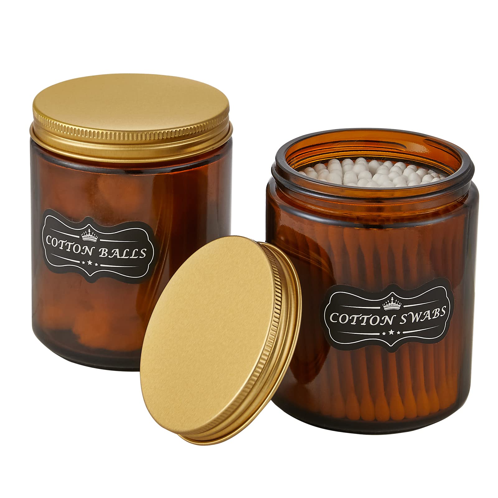 INIUNIK 2 Pack Amber Glass Apothecary Jars with Bamboo Lids - Qtips Holder & Cotton Swab Dispenser - Bathroom Vanity Organizer Canisters - Perfect for Cotton Balls, Makeup Brushes & Skincare Essentials