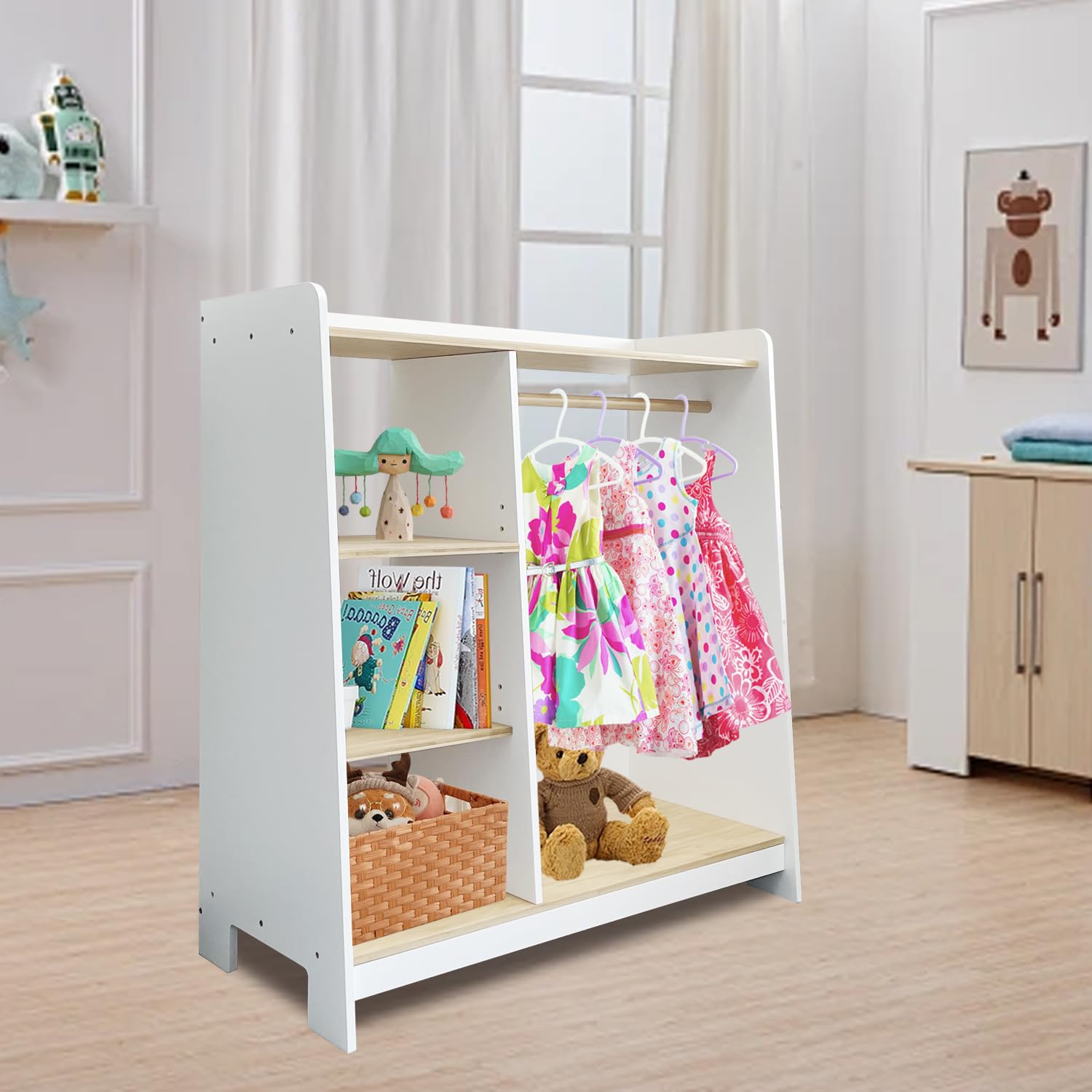 Kids Wardrobe & Dresser Set - White Baby Clothes Organizer with Hanging Armoire & Toddler Dress Up Rack | Nursery Storage Solution for Girls' Bedroom | Space-Saving Kids Closet for Clothes, Toys & Accessories