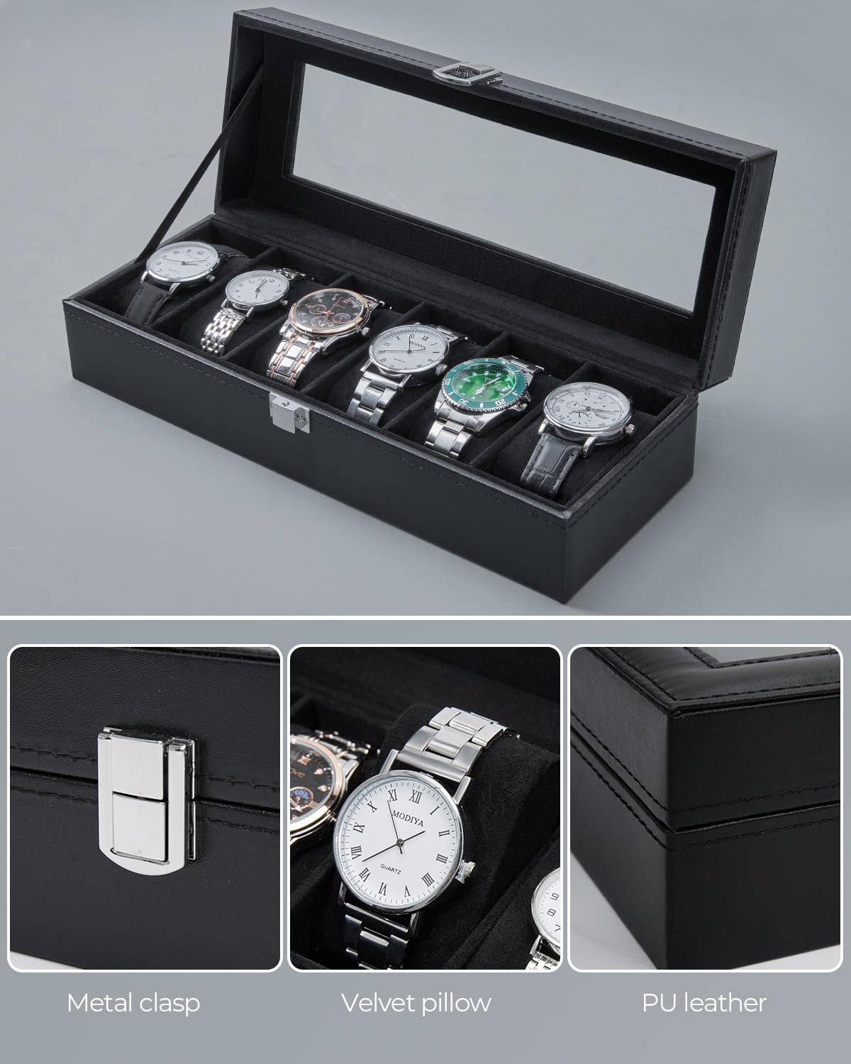 Ohuhu 6 Slot Watch Box with PU Leather & Real Glass Lid - Premium Watch Display & Storage Case for Men & Women - Perfect for Travel, Home, Office & Gift Giving