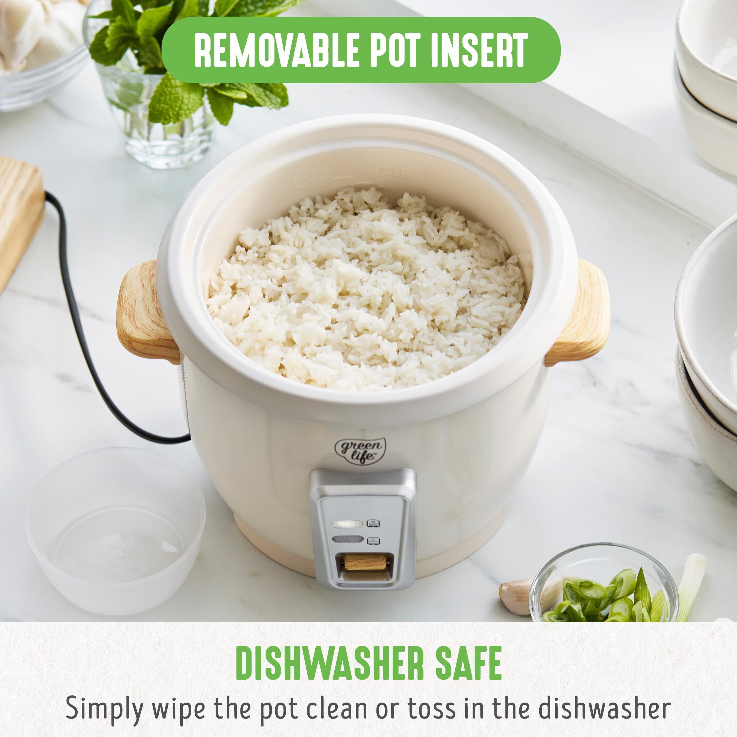 GreenLife 3-Cup Electric Rice Cooker & Steamer - PFAS-Free Nonstick Pot, Auto Presets, Wood Handle, Dishwasher Safe - Perfect for Small Kitchens, Dorm Rooms & Meal Prep (Includes Measuring Cup & Rice Paddle)