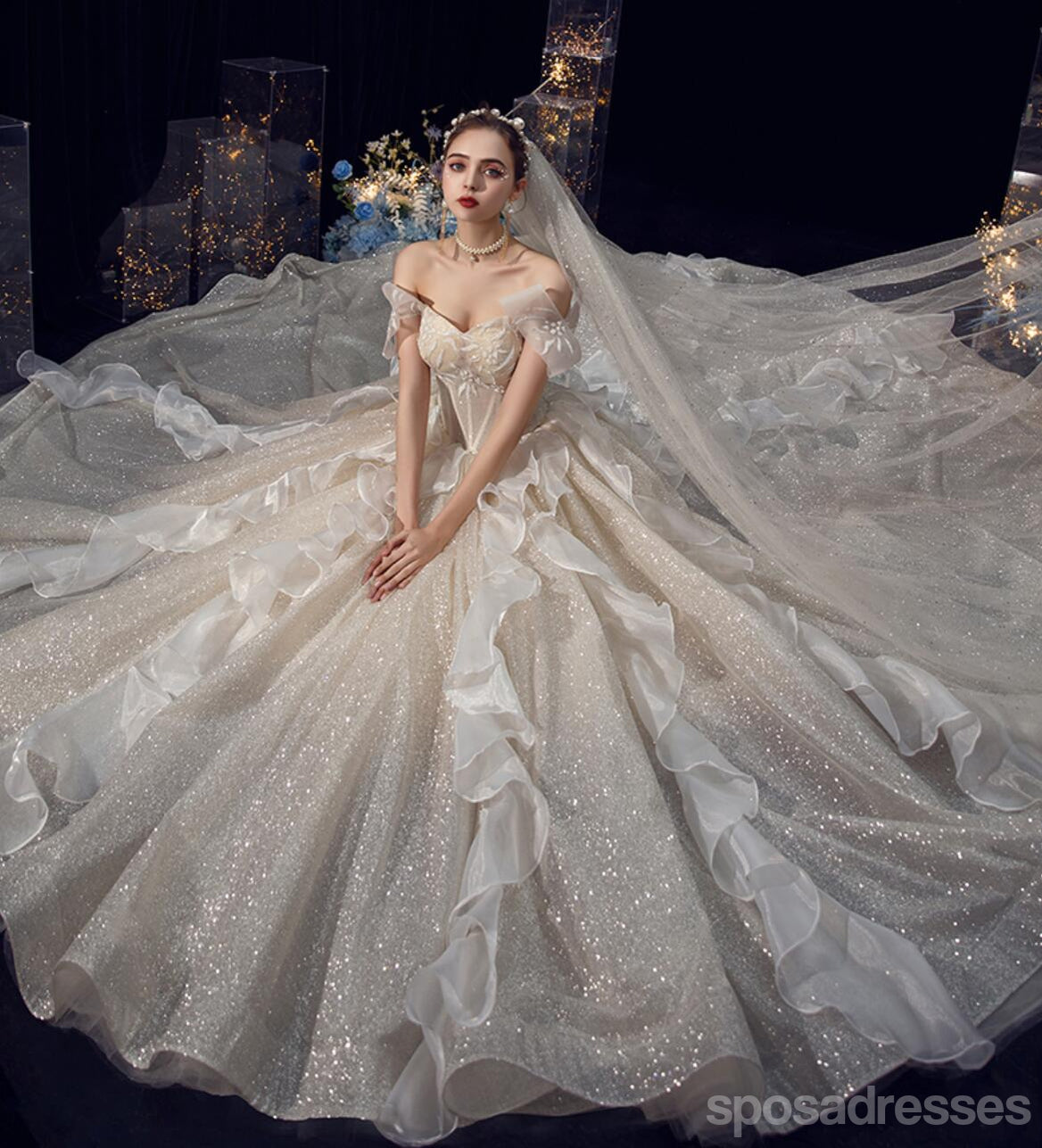 Elegant Off Shoulder Bling A-Line Wedding Dress with Beading - Luxury Bridal Gown WD674 for Church, Beach & Destination Weddings