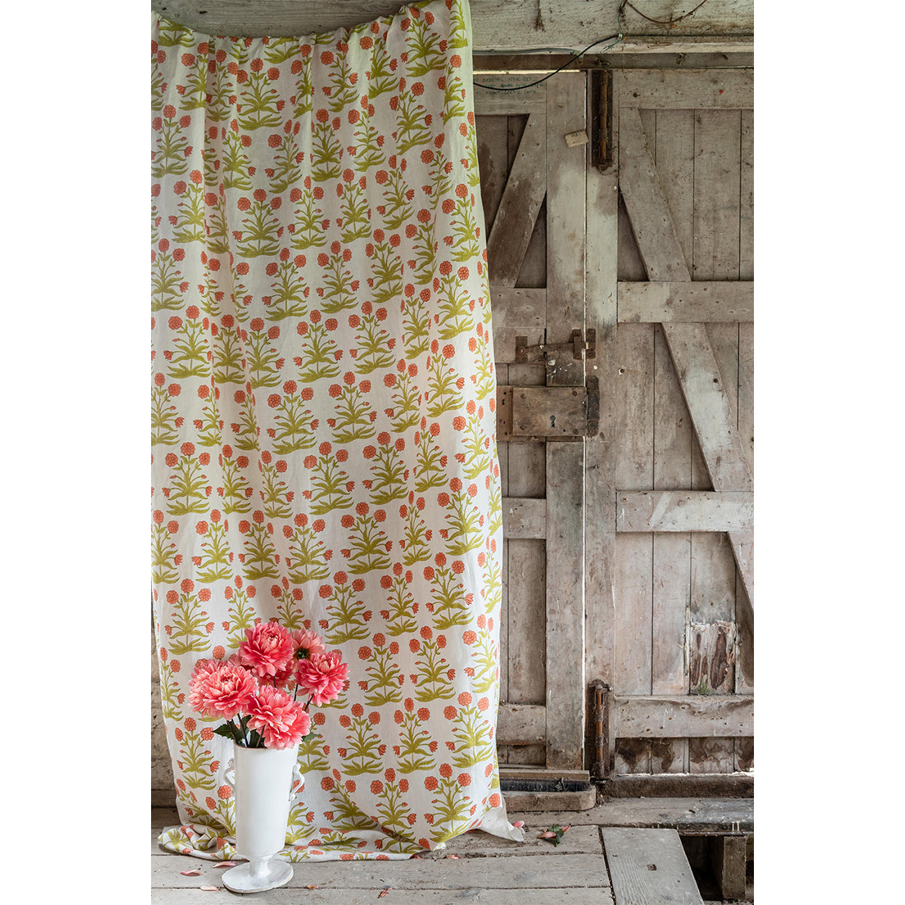 Authentic Mughal Block Printed Linen Fabric - Peach & Sap Green - Perfect for Home Decor, Clothing & DIY Crafts