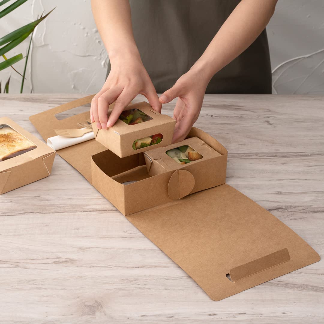 Restaurantware Bio Tek 8.75 x 4.25 x 8 Inch Eco-Friendly Kraft Paper Lunch Boxes with Handles - 100 Disposable Food Containers with Cup Holders & Utensil Pocket | Perfect for Takeout Meals, Office Lunches, Picnics & Catering Events