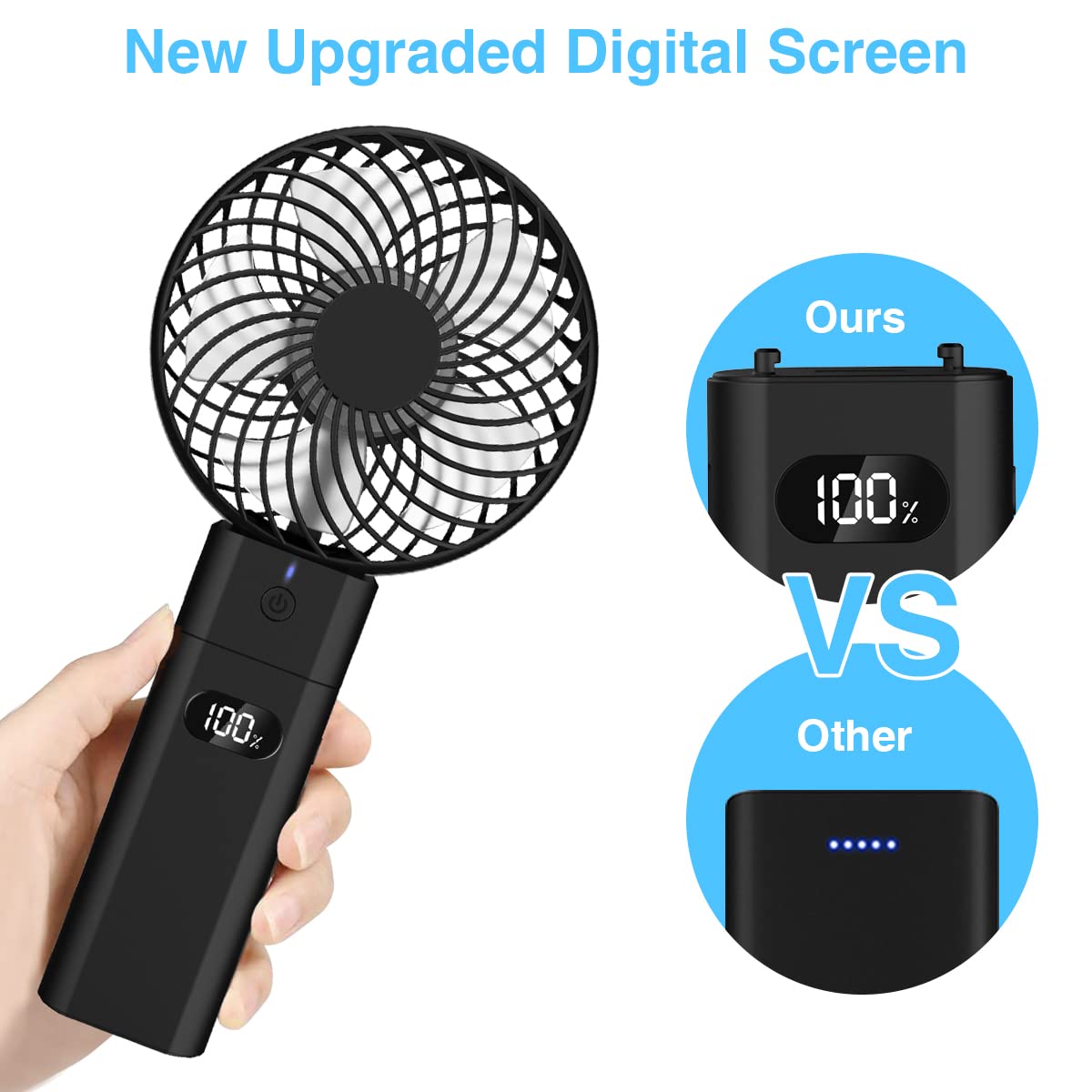 Portable USB Rechargeable Handheld Fan with 5200mAh Power Bank - 5 Speed Mini Foldable Desk Fan with LED Display for Home, Office & Travel - Perfect for Indoor Use, Outdoor Activities and Hot Weather Cooling