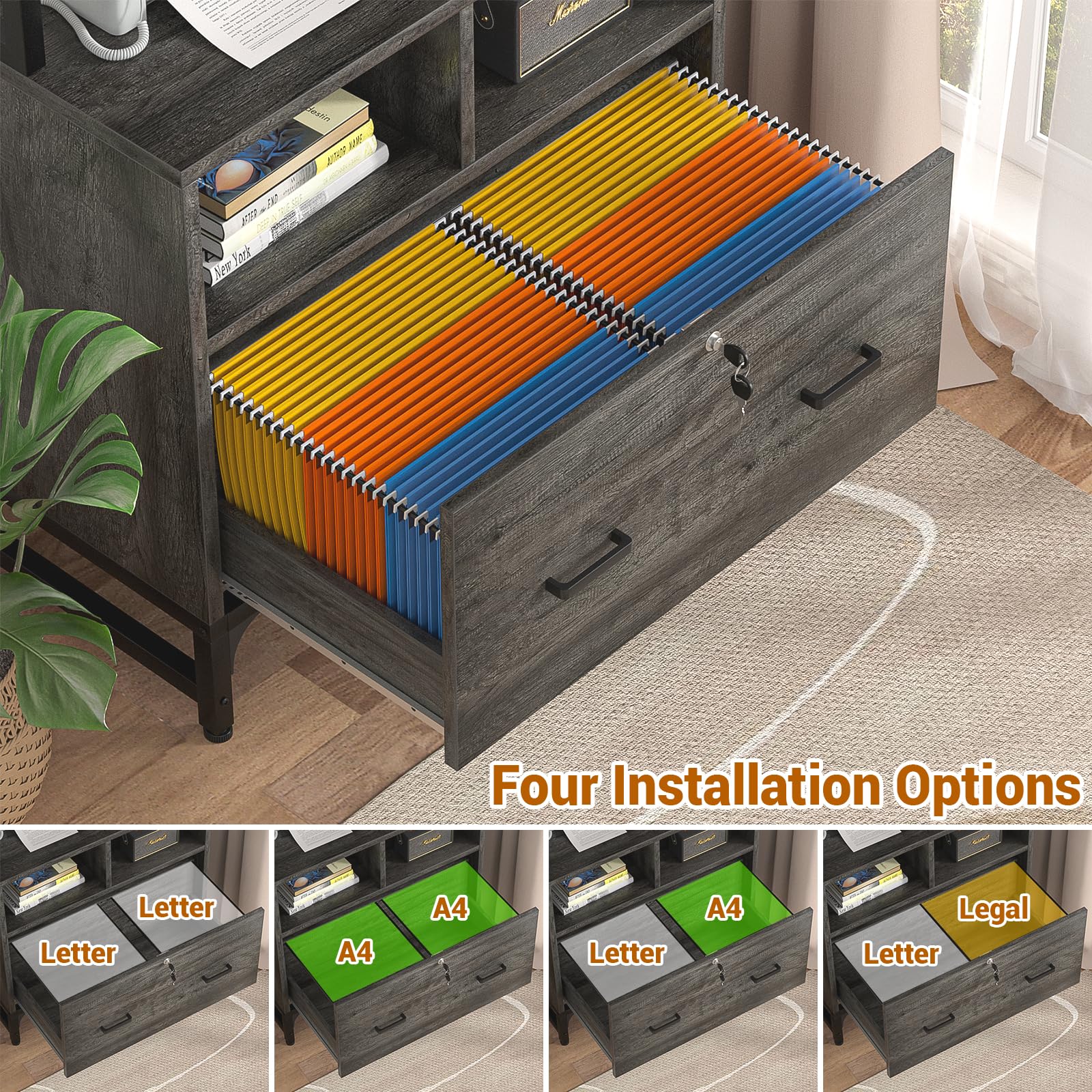 Homieasy File Cabinet with USB Charging Station - Lockable Vertical Filing Cabinet with Large Drawer & Storage Shelves - Office Printer Stand Organizer for Letter/A4/Legal Size Documents - Perfect for Home Office & Workspace Organization (Grey)