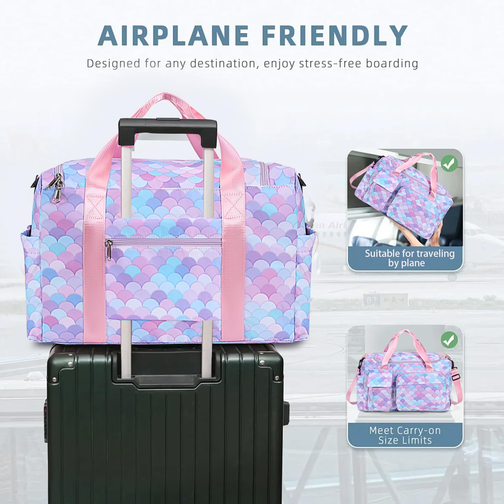 Mermaid Purple Kids Duffle Bag for Girls - Waterproof Travel Overnight Bag with Shoes Compartment | Perfect for Dance Class, Sleepovers & Weekend Getaways
