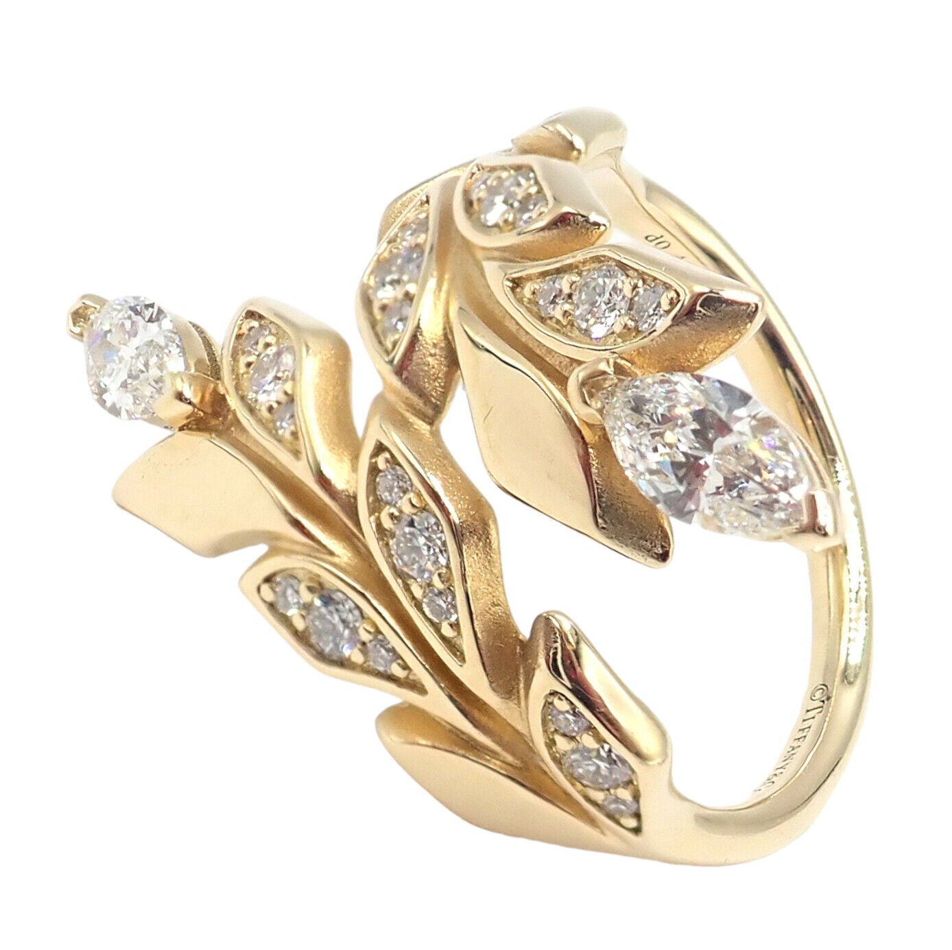 Authentic Tiffany & Co 18K Yellow Gold Diamond Victoria Vine Bypass Ring - Elegant Wedding Band, Anniversary Gift & Luxury Jewelry for Women