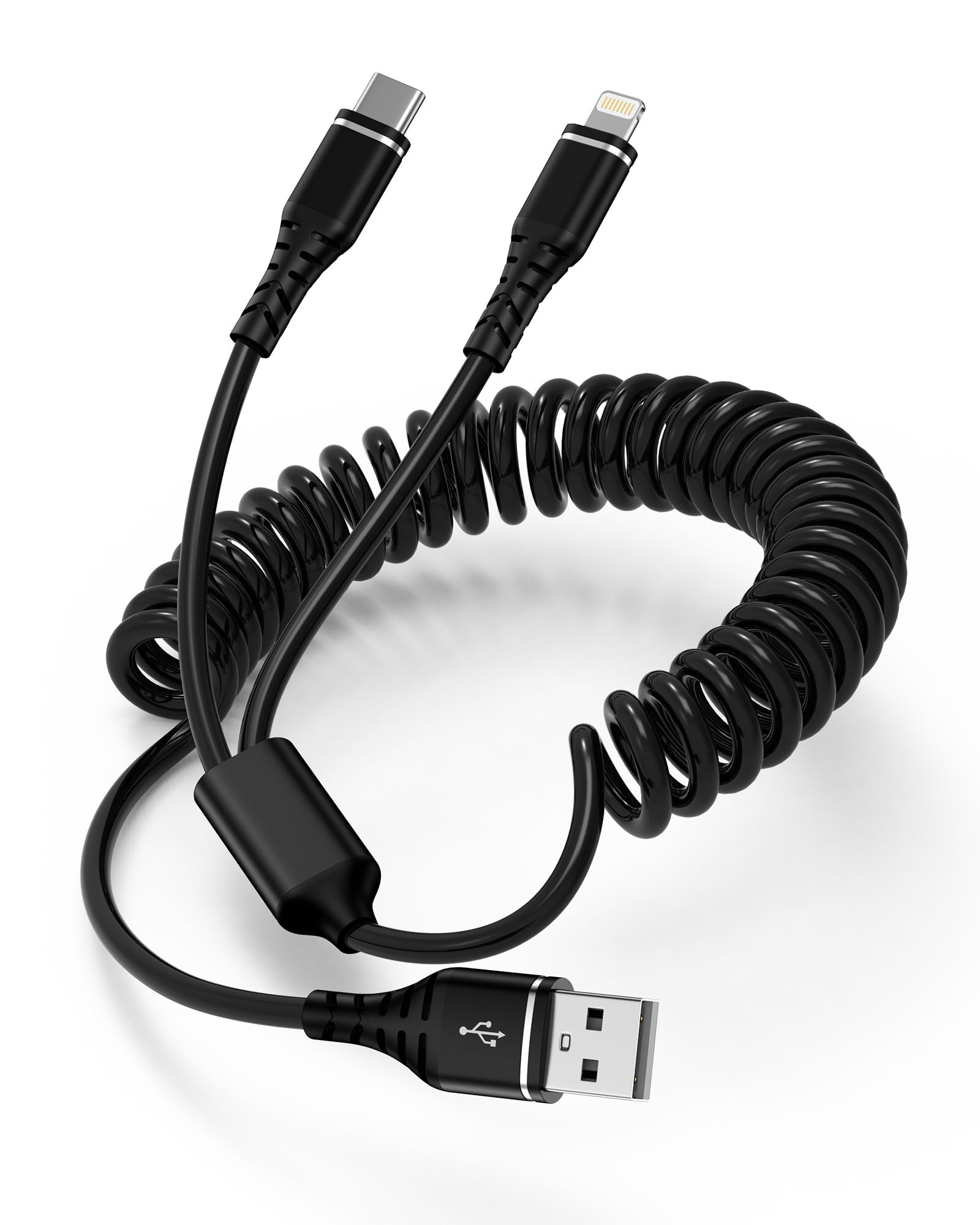 4FT Coiled 2-in-1 USB Charging Cable - Lightning & Type C Fast Charger Cord for iPhone 16 Pro Max/15/14, Samsung Galaxy S25/S24/S23 - Perfect for Car, Home & Office Charging | Not Compatible with Apple CarPlay/Android Auto/Data Transfer