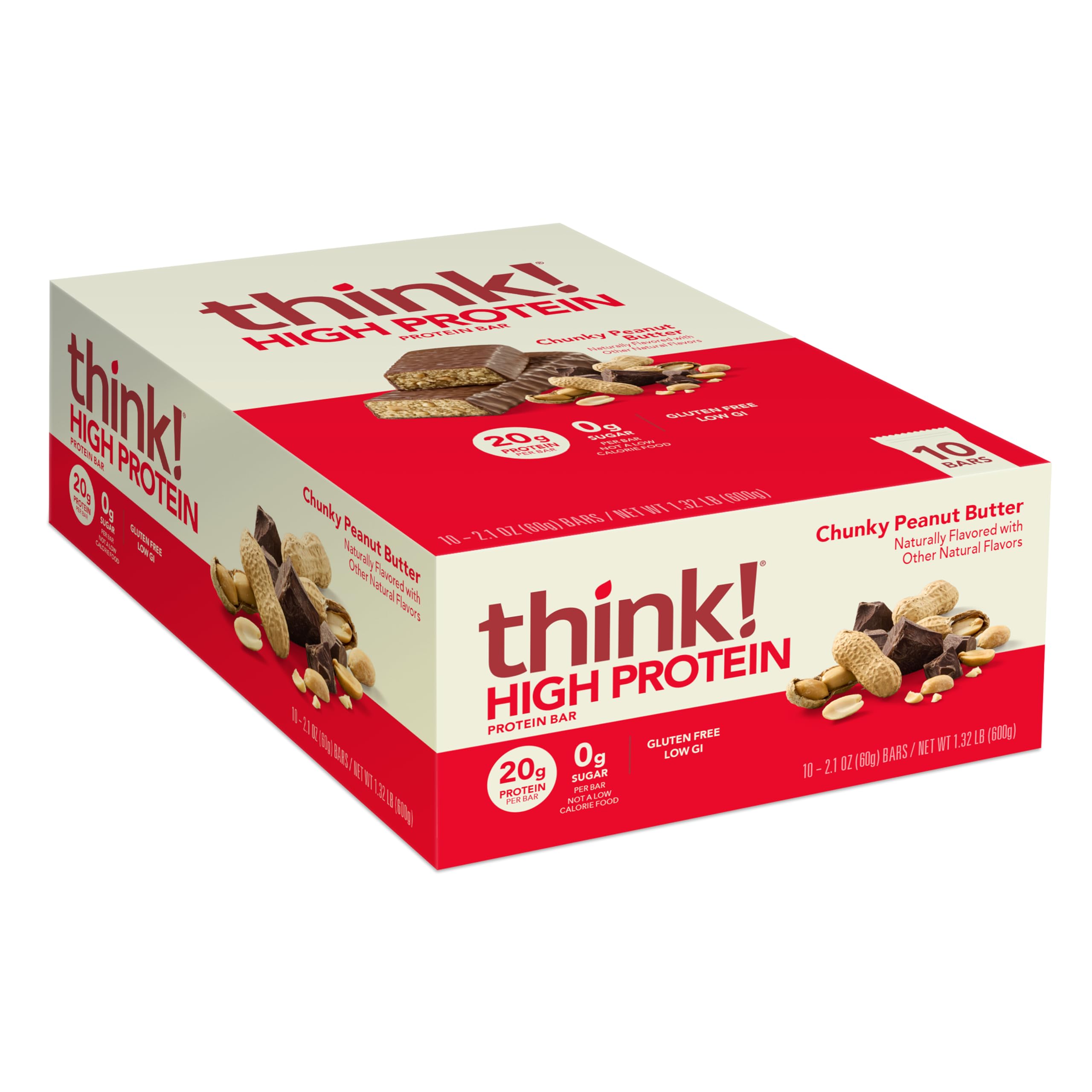 Think! Protein Bars - High Protein Snacks, Gluten Free, Kosher Friendly, Chunky Peanut Butter Flavor, 2.1 Oz per Bar (10 Count) - Perfect for Workouts, Hiking & Healthy On-the-Go Snacking