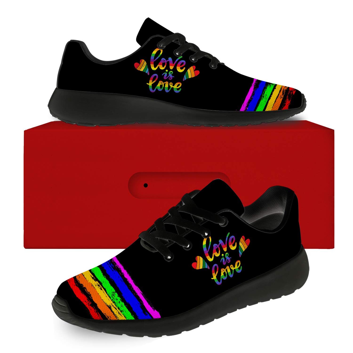 **Rainbow LGBTQ Pride Running Shoes for Women & Men - Comfortable Walking & Tennis Sneakers with Gay Flag Design - Size 7 Men/8.5 Women - Black - Perfect for Pride Parades, Workouts & Casual Wear**