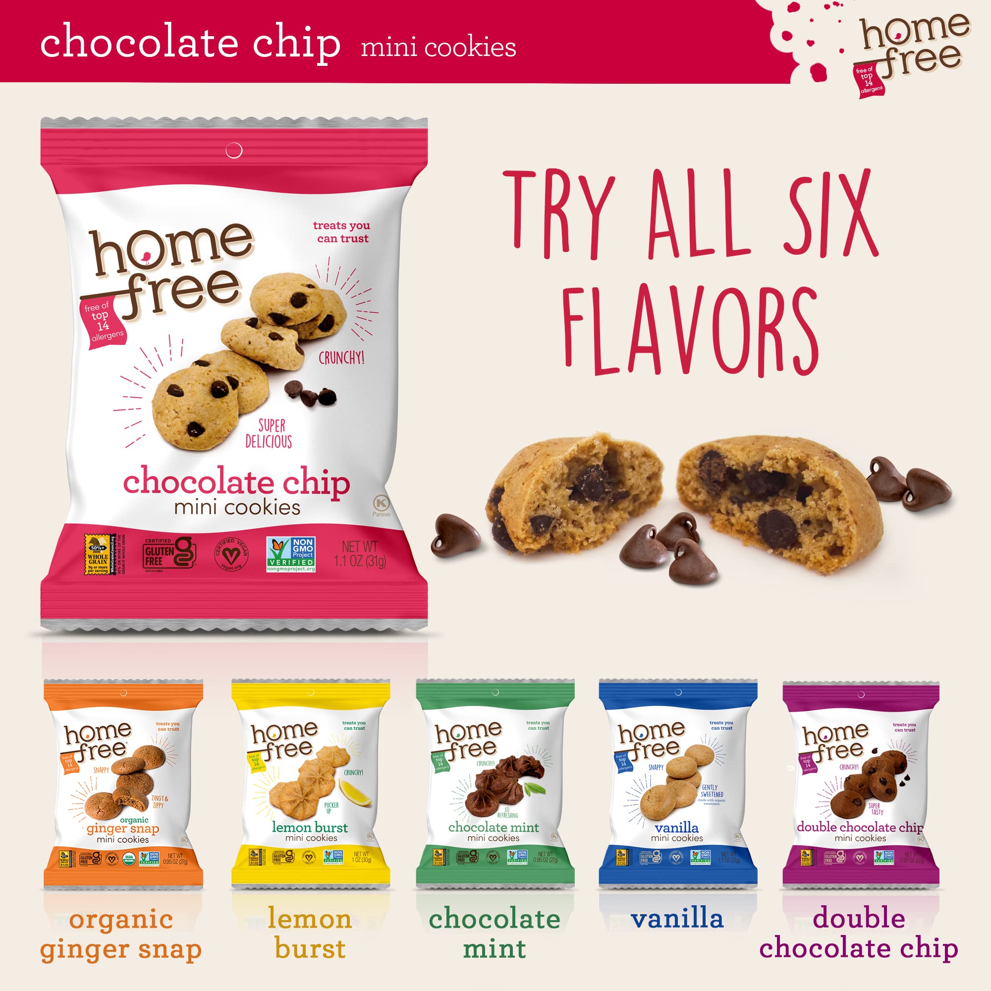 Gluten Free Mini Cookies - Chocolate Chip, 1.1oz Single Serve Pack of 64 | Homefree Trusted Snacks | Perfect for School Lunches, Office Snacks & On-the-Go Treats