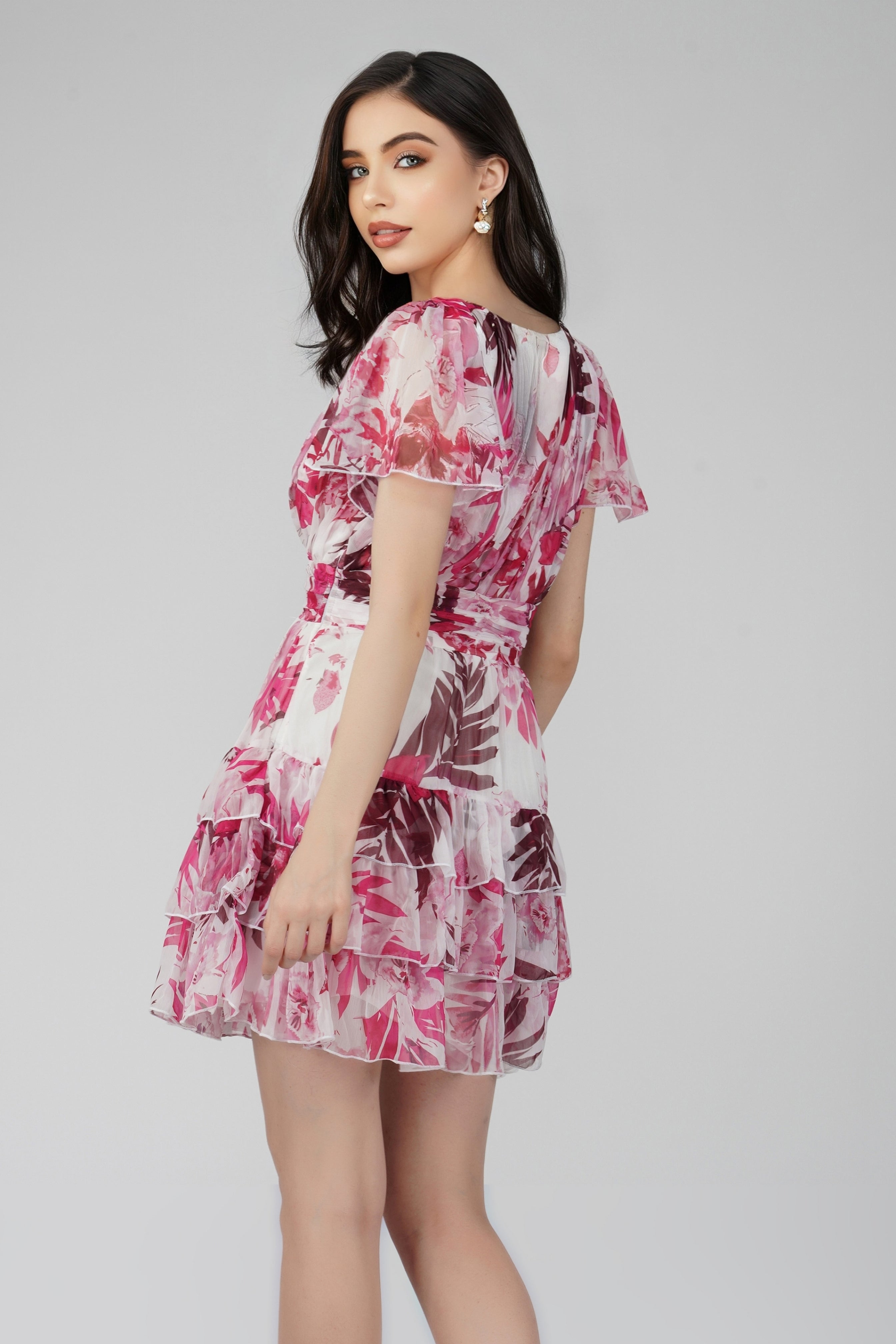 Madison Pink Printed Chiffon Mini Dress for Women - Flowy Summer Party Cocktail Dress with Floral Pattern | Perfect for Weddings, Date Nights & Beach Vacations