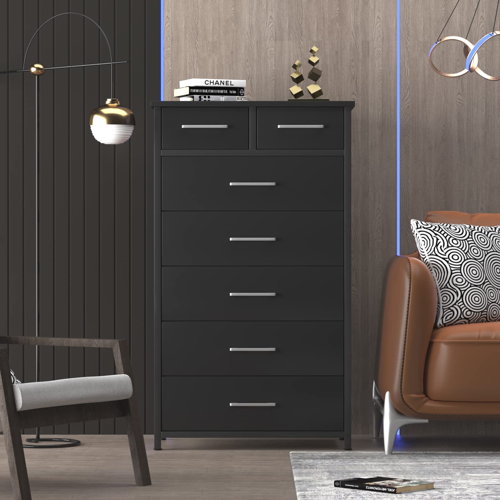 IKENO 7-Drawer Tall Dresser with Sturdy Metal Frame - Industrial Bedroom Storage Cabinet for Clothes Organization | Perfect for Small Spaces & Apartment Living