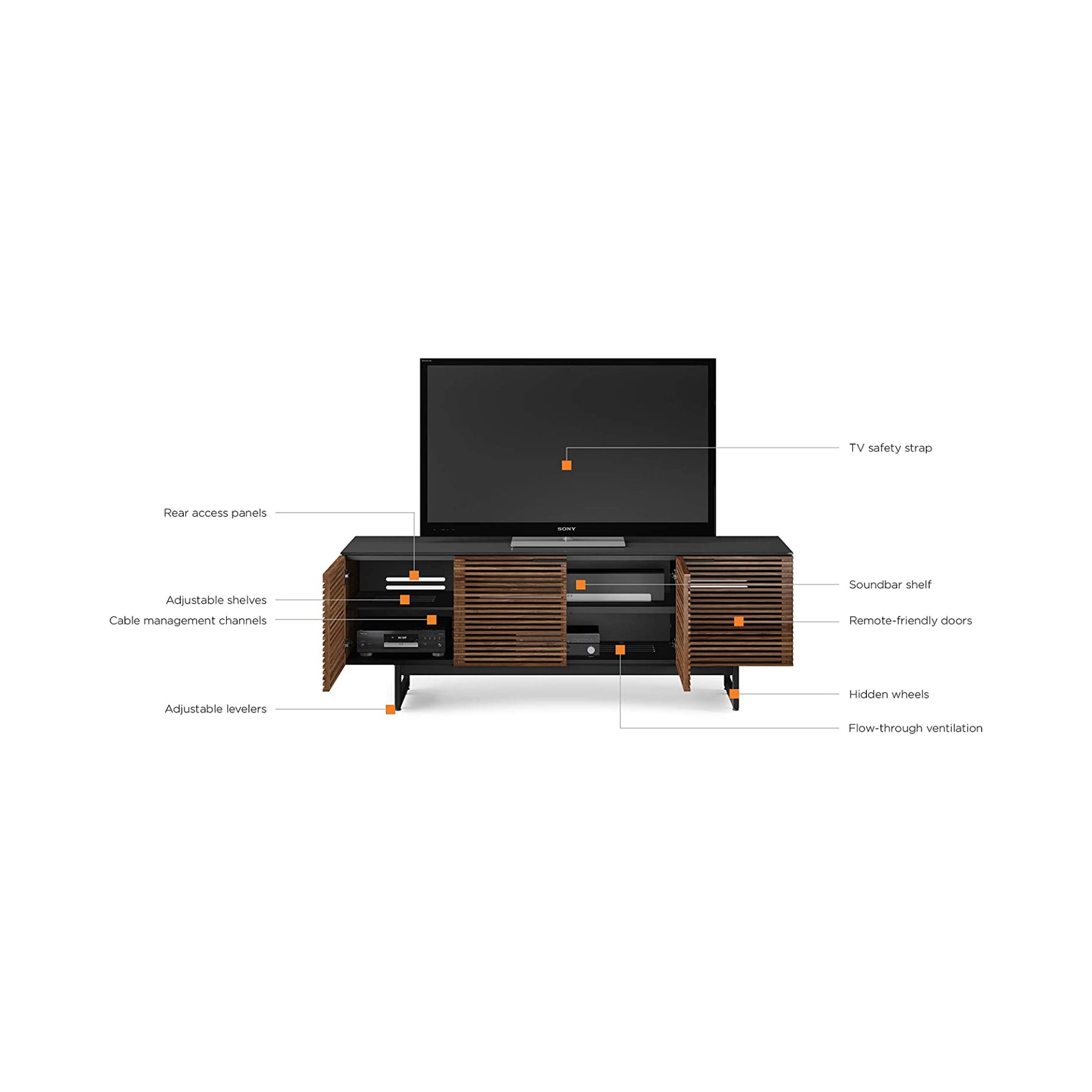 BDI 8179 Natural Walnut Quad Cabinet - Stylish TV Media Stand with 4 Storage Compartments | Perfect for Living Room, Home Theater & Entertainment Centers