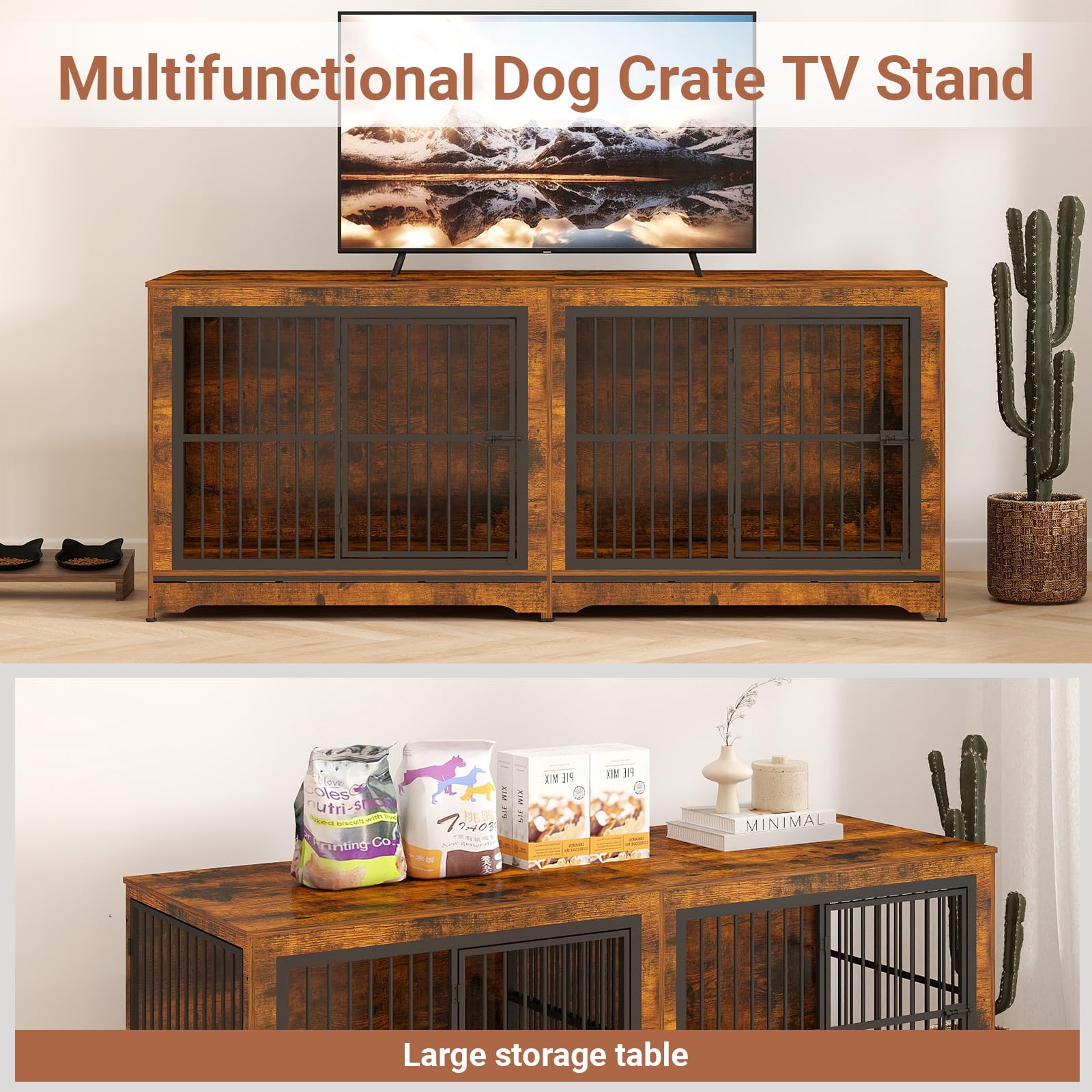 86 Inch Double Dog Crate Furniture with Divider - 4-in-1 Convertible Large Dog Kennel for 2 Dogs - Rustic Brown Corner Pet Crate for Small, Medium & Large Breeds - Perfect for Living Rooms, Bedrooms & Home Offices