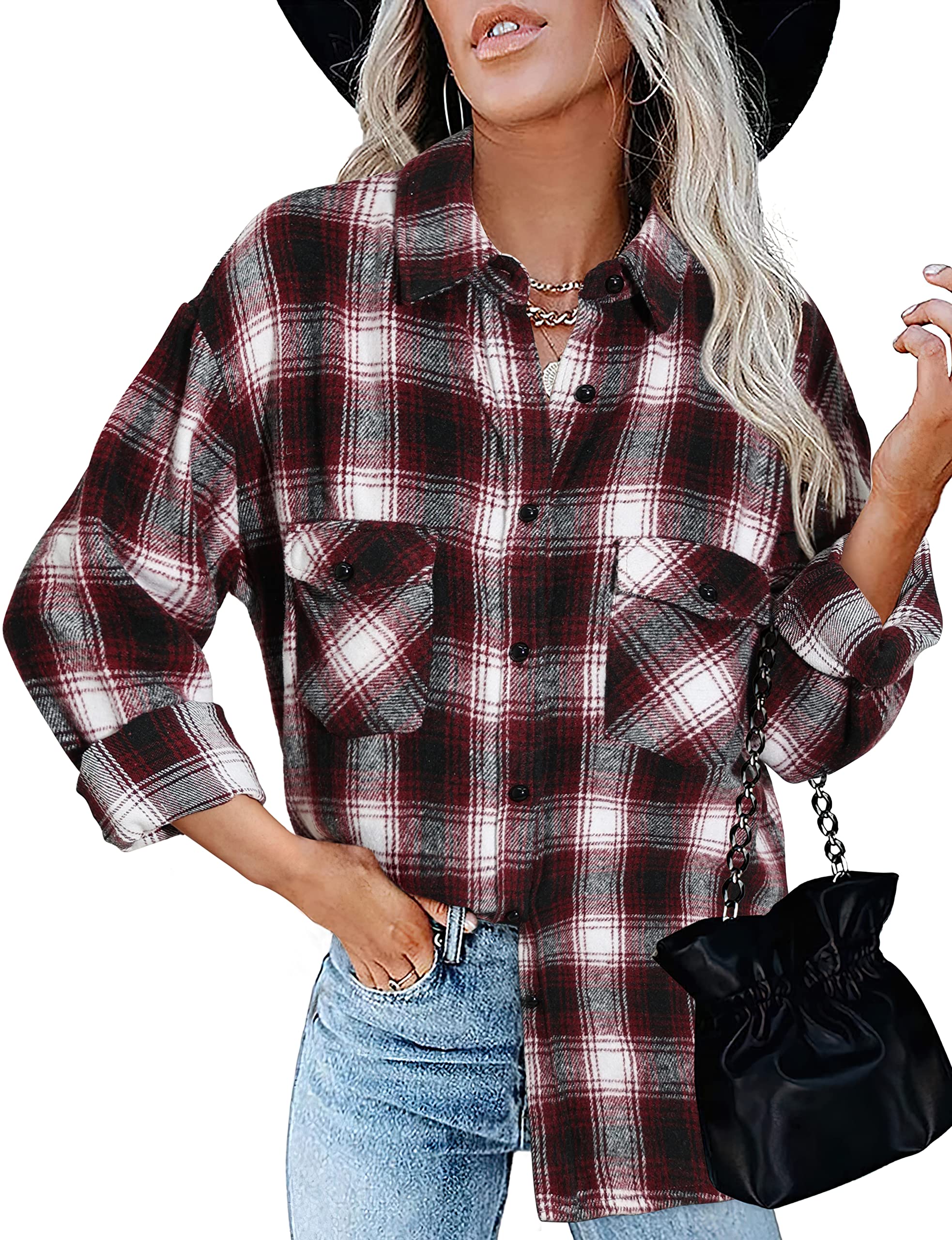 BTFBM Women's Plaid Flannel Shacket - Long Sleeve Button Down Casual Shirt Jacket for Fall & Spring | Loose Fit Blouse Top for Work, Outdoors & Layering (2025 Fashion)