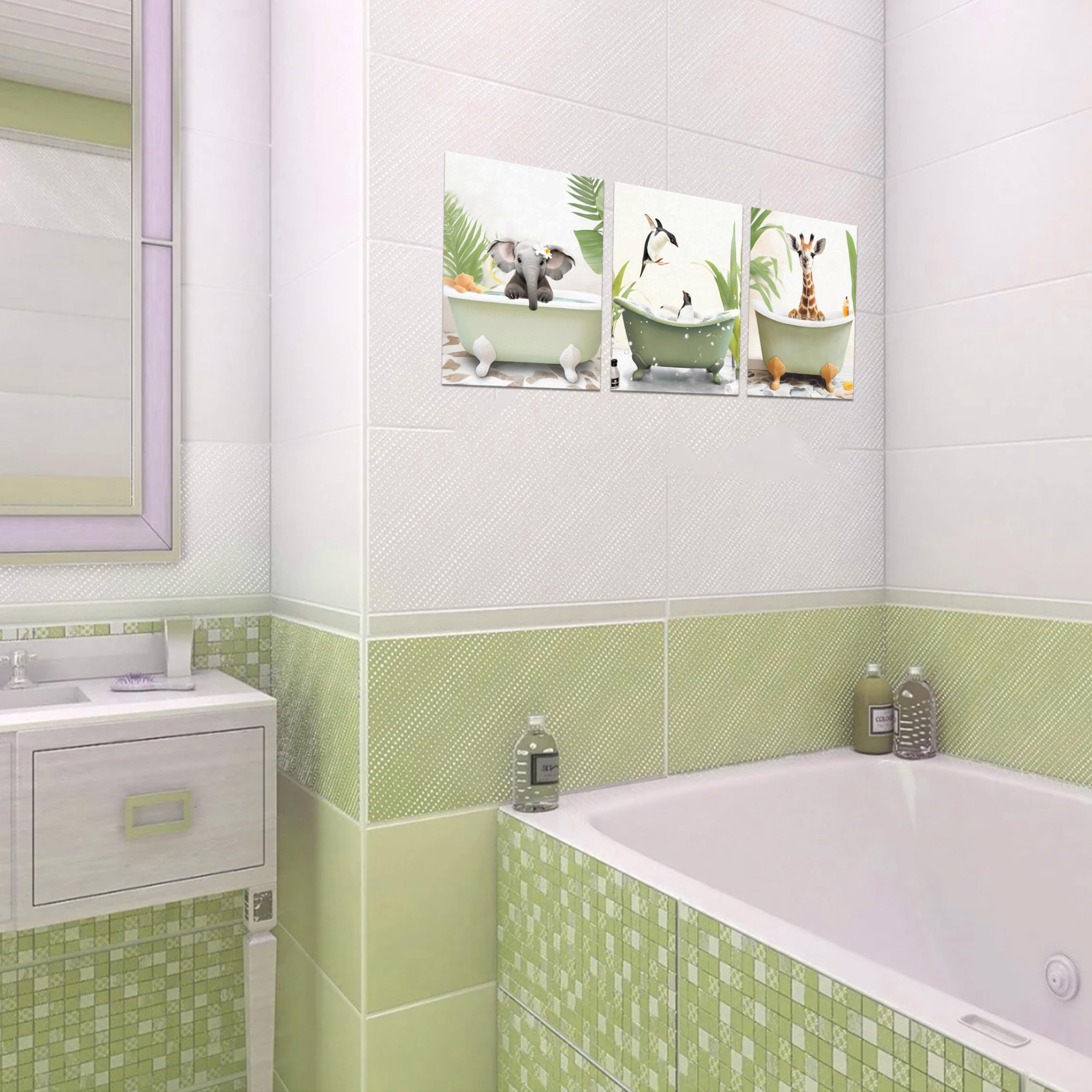 Funny Animal Bathroom Wall Art - Giraffe, Penguin, Elephant Decor Set of 3 (12x16in) for Kids' Bathroom