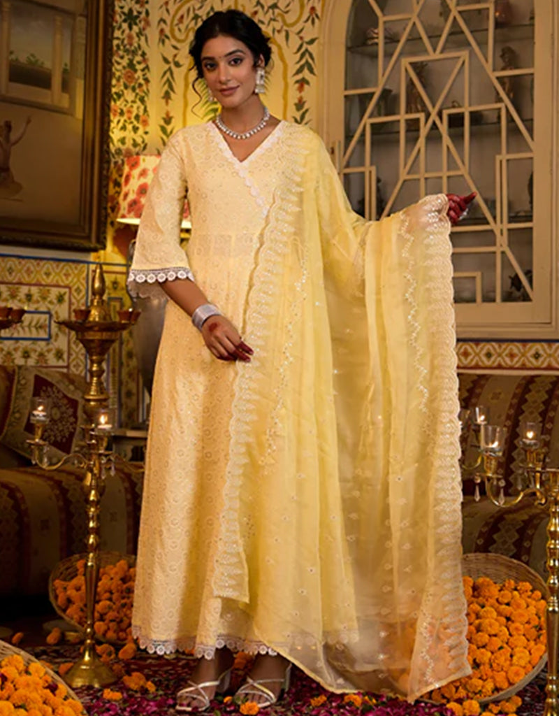 Yellow Pure Cotton Angrakha Anarkali Kurta Trouser with Dupatta Set - Traditional Indian Ethnic Wear for Women, Festivals & Special Occasions