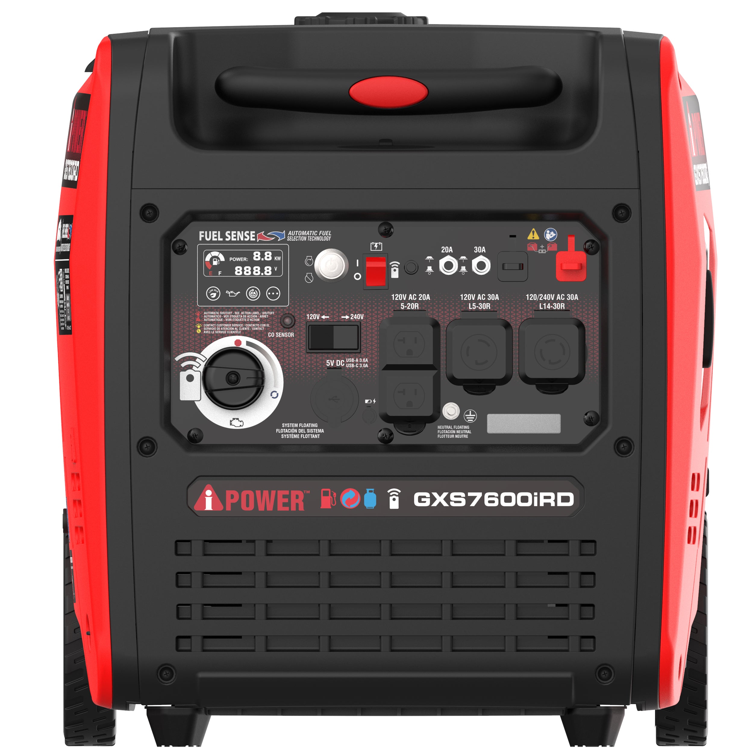 iPower GXS7600iRD 6100W/7600W Dual Fuel Portable Generator - Gas & Propane Powered, Low THD Inverter with CO Alert - Ideal for Camping, RV Trips & Emergency Power Backup